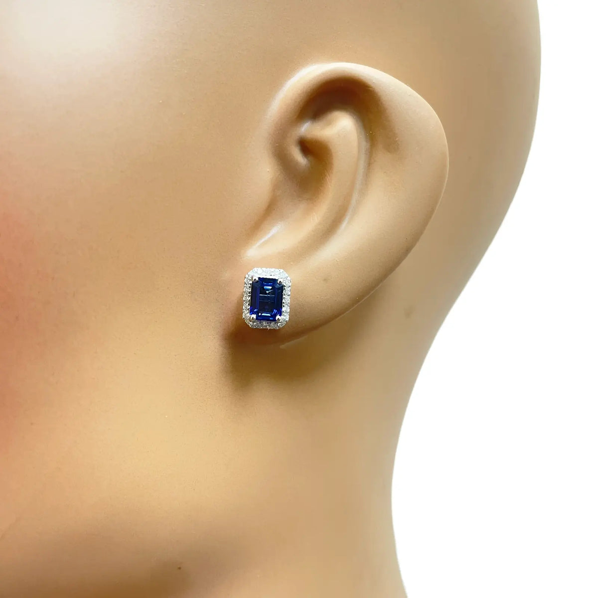 14ct White Gold Natural Emerald Cut Sapphire Round Diamond Stud Earrings 2.40ct Diamond earring
