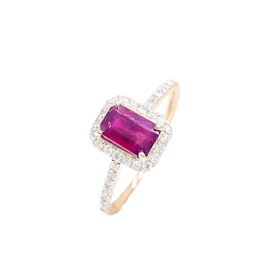14ct Yellow Gold 4-Claw Natural Emerald Cut Ruby & Round Diamond Ring 1.44ct Diamond Ring