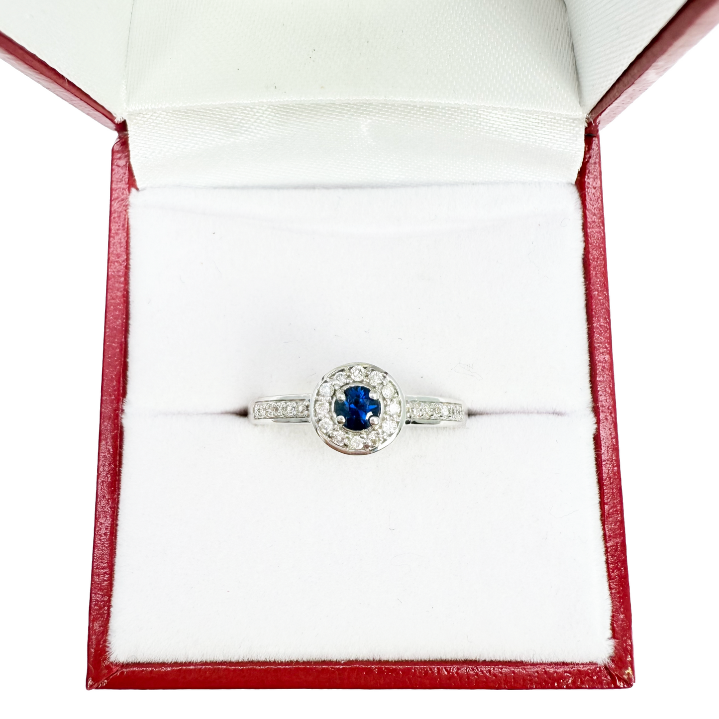 18 Karat Naturblauer Saphir & Runder Diamant Halo Halb-Ewigkeitsring 0,35 Karat