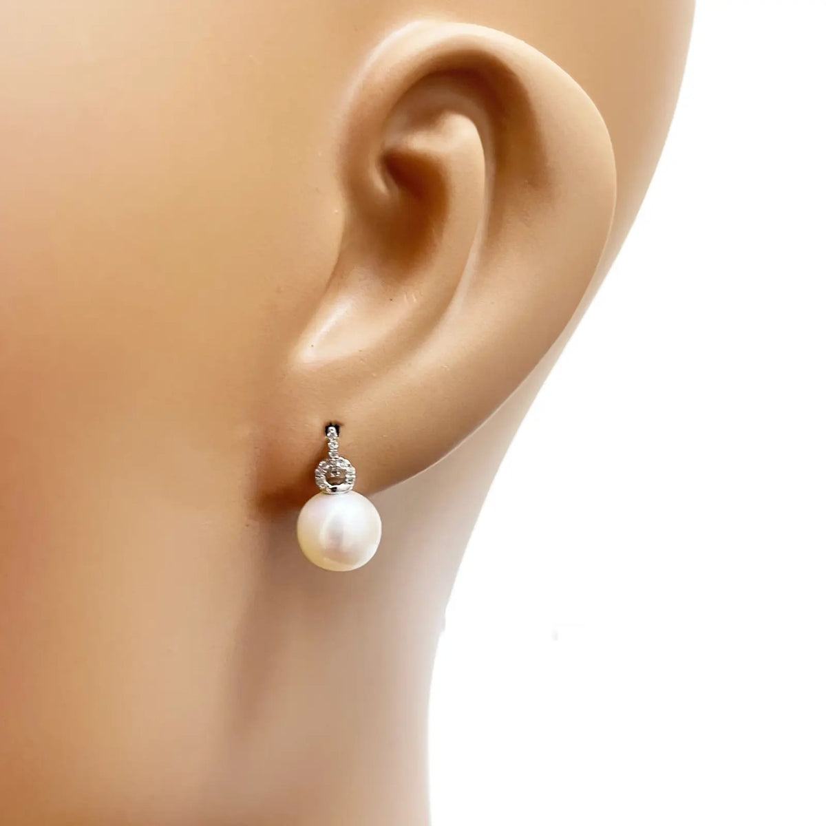 18ct White Gold Freshwater Pearl & Diamond Drop Pair Earrings 0.05ct
