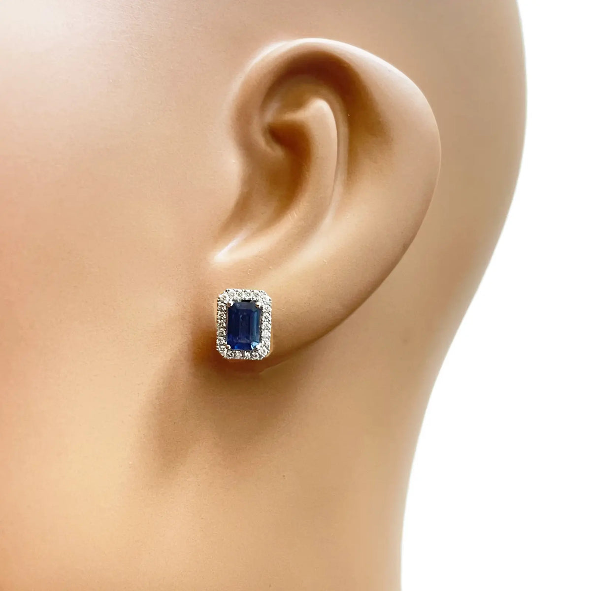 18ct White Gold Natural Emerald Cut Sapphire Round Diamond Stud Earrings 1.60ct