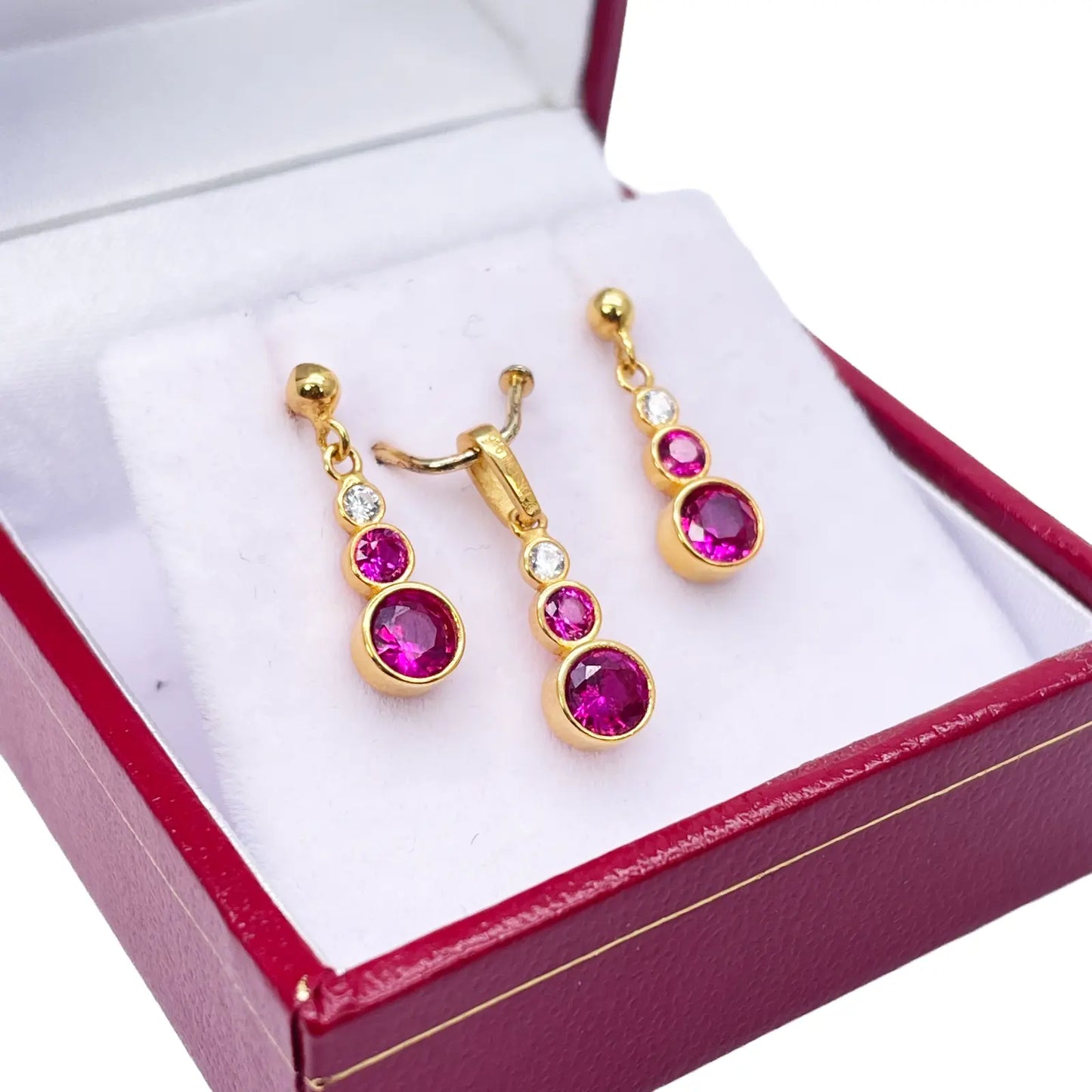 22ct Yellow Gold Drop Red Bubble Pendant & Chain With Matching Drop Earrings