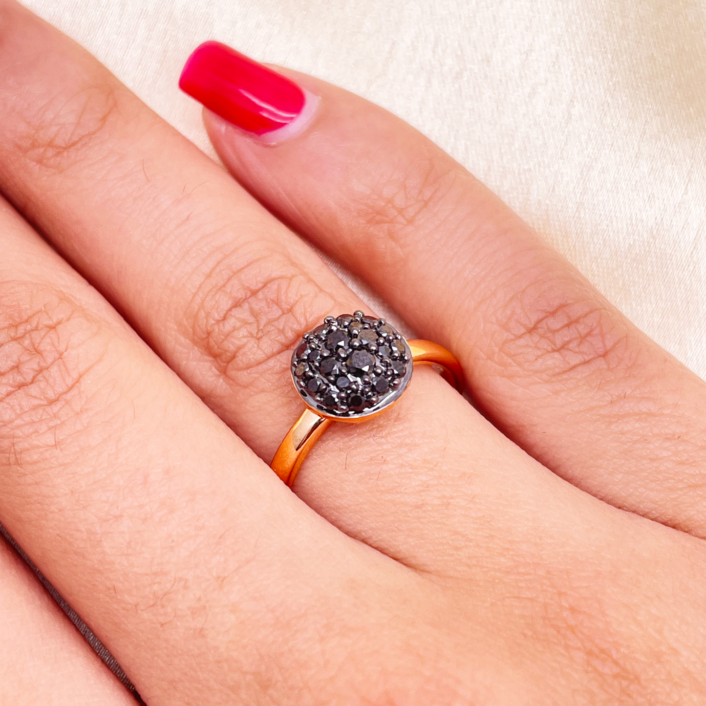 18ct Rose Gold Natural Black Diamond Pave Cluster Round Disc Ring 0.40ct