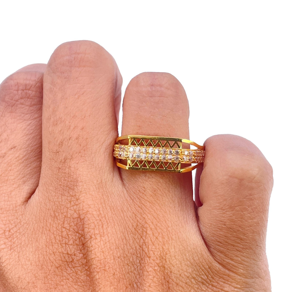 22ct Yellow Gold Cubic Zirconia Ring Chevron Cutout Cluster Set Statement