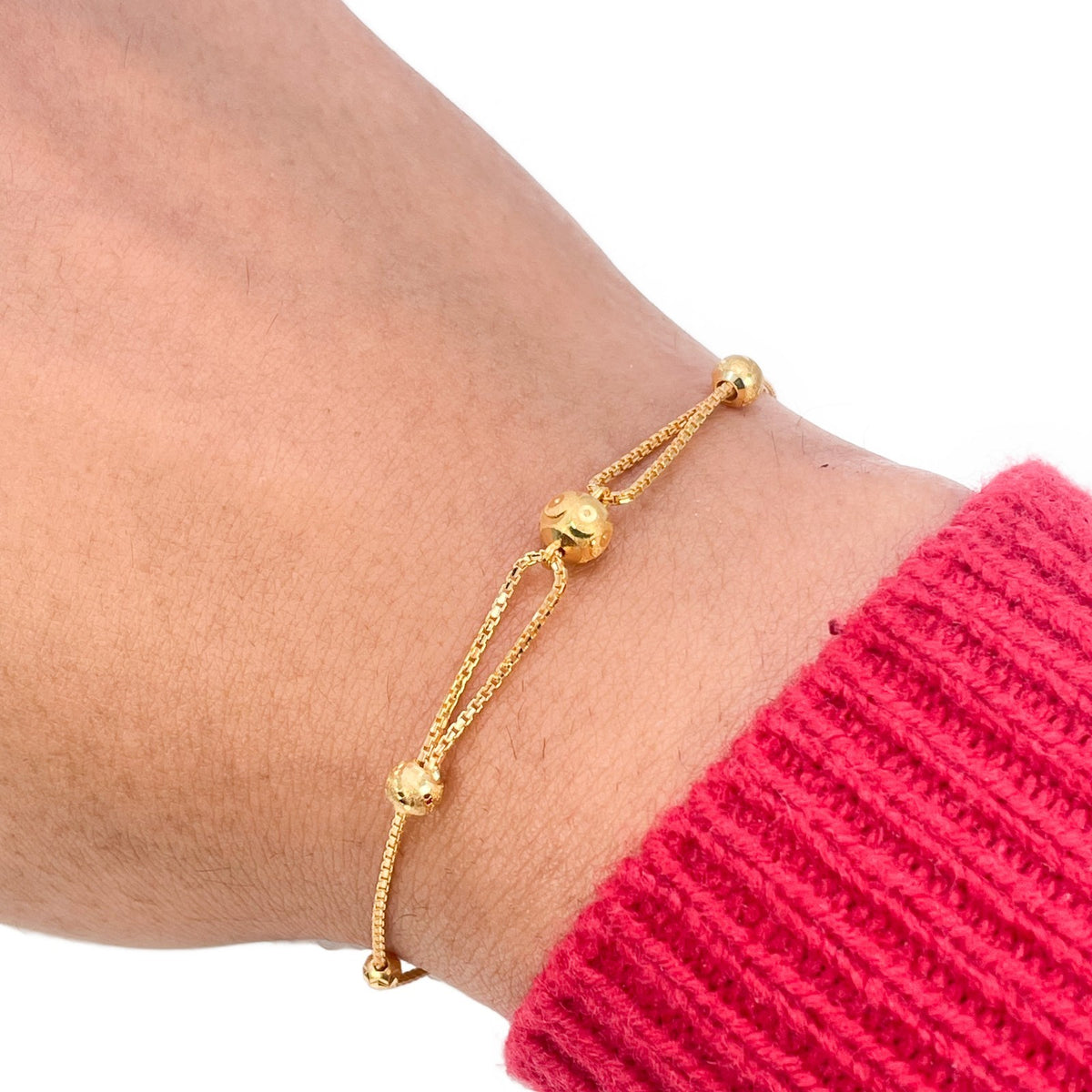 22ct Yellow Gold Station Bracelet Diamond Cut Beads Box Chain 7.5 Inches