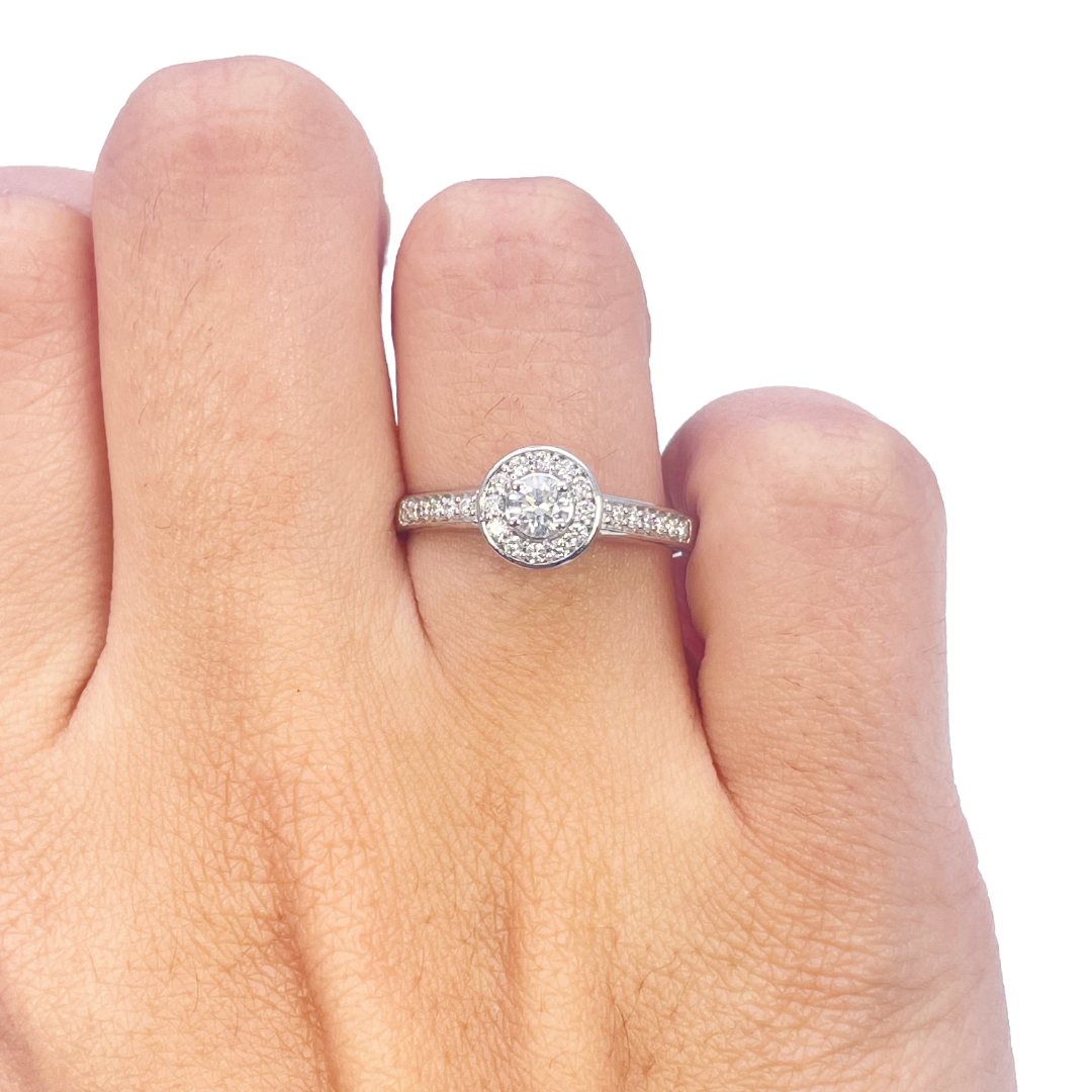 Ring 18 Karat Weißgold mit rundem, natürlichem Diamant-Pavé-Halo, 0,30 Karat