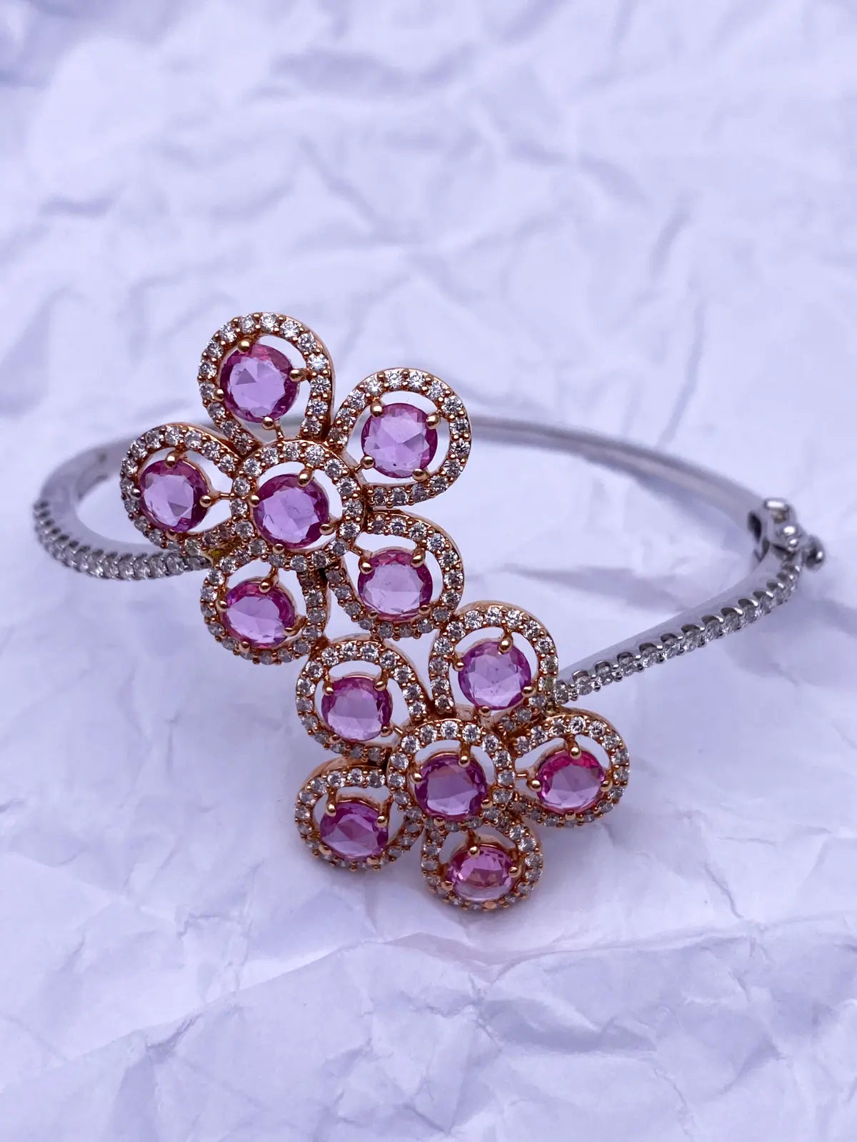 18Carat Rose and White Gold Diamond & Pink Sapphire Hinged Bangle 2.03 carats Diamond Bracelets
