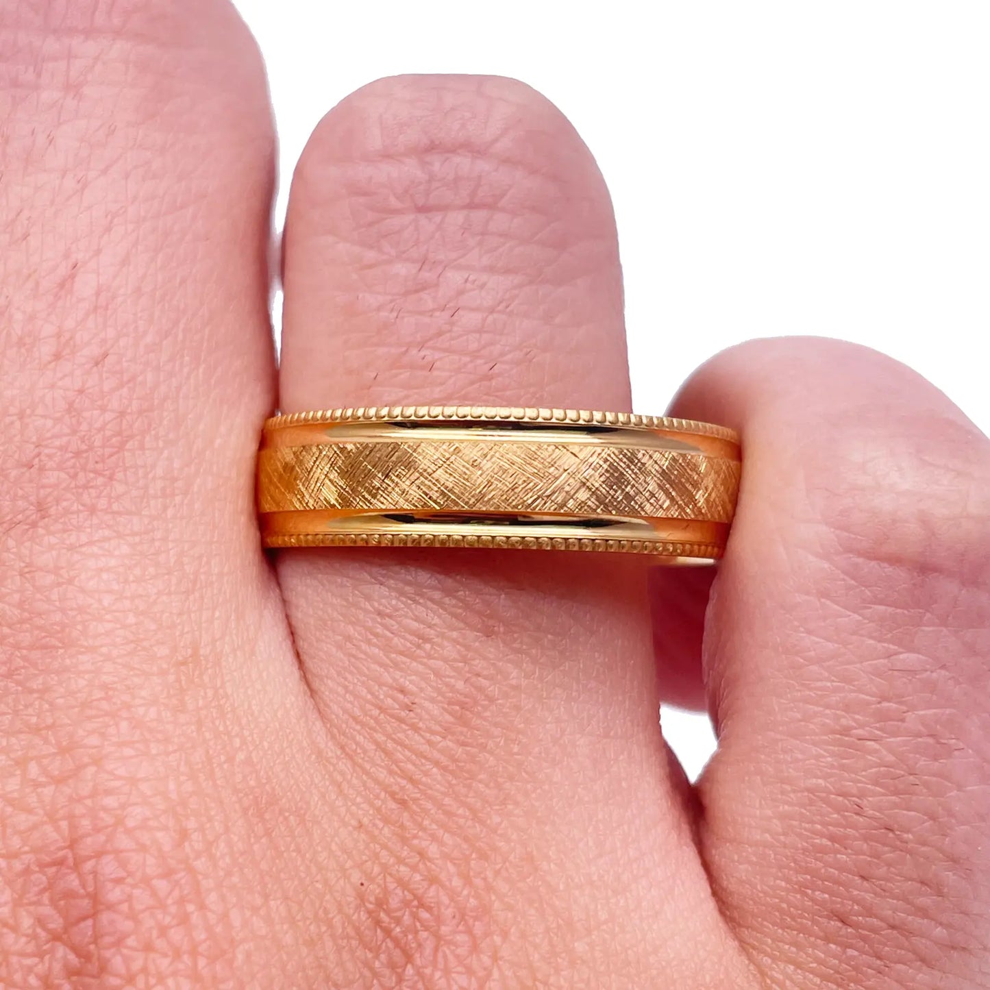 18ct Yellow Gold Mens Wedding 6mm Band Matt Middle and Grooves Milgrain Edges