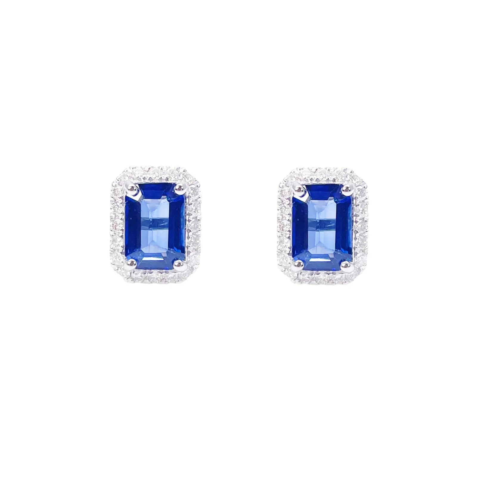 14ct White Gold Natural Emerald Cut Sapphire Round Diamond Stud Earrings 2.40ct 