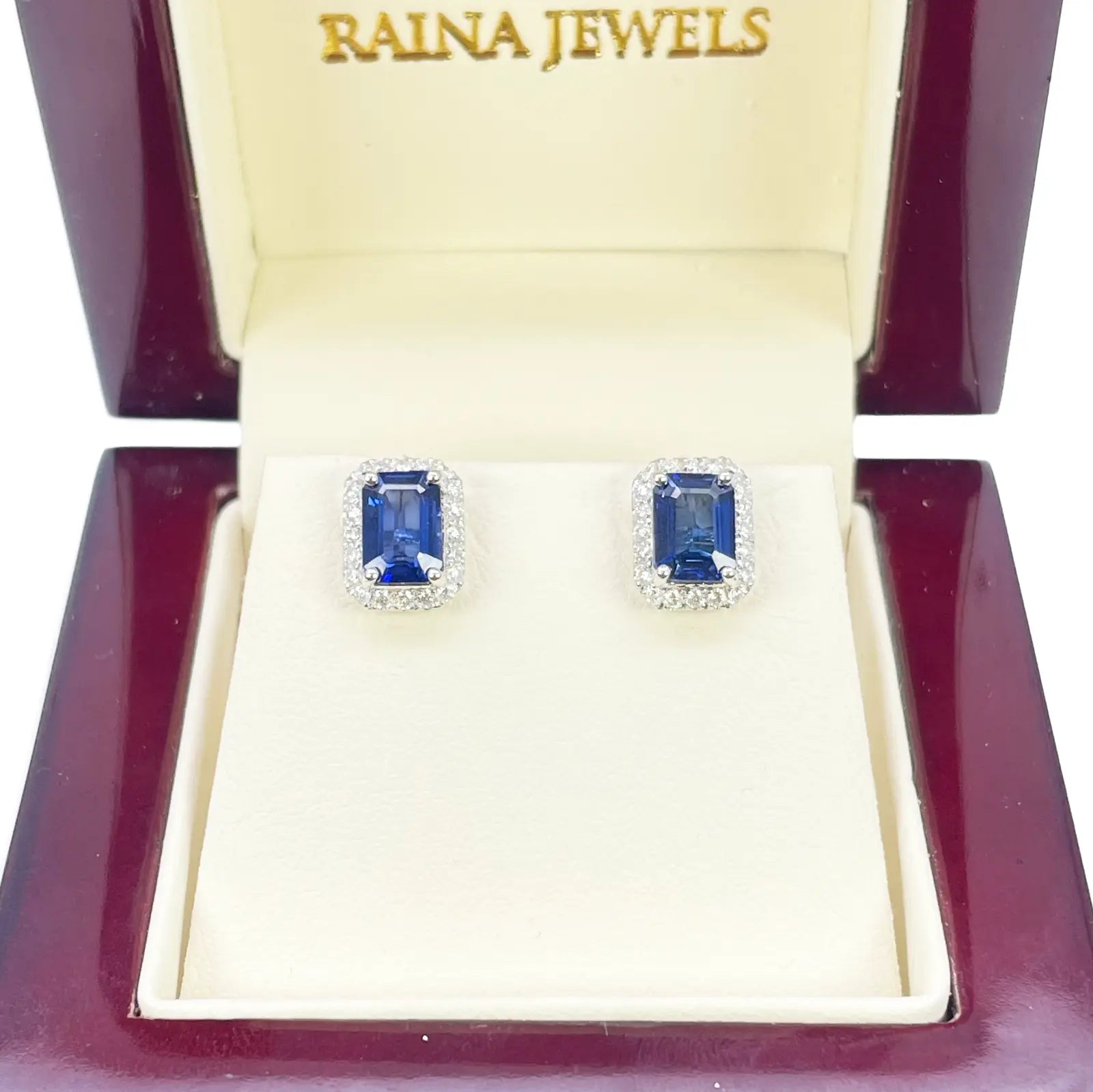14ct White Gold Natural Emerald Cut Sapphire Round Diamond Stud Earrings 2.40ct 