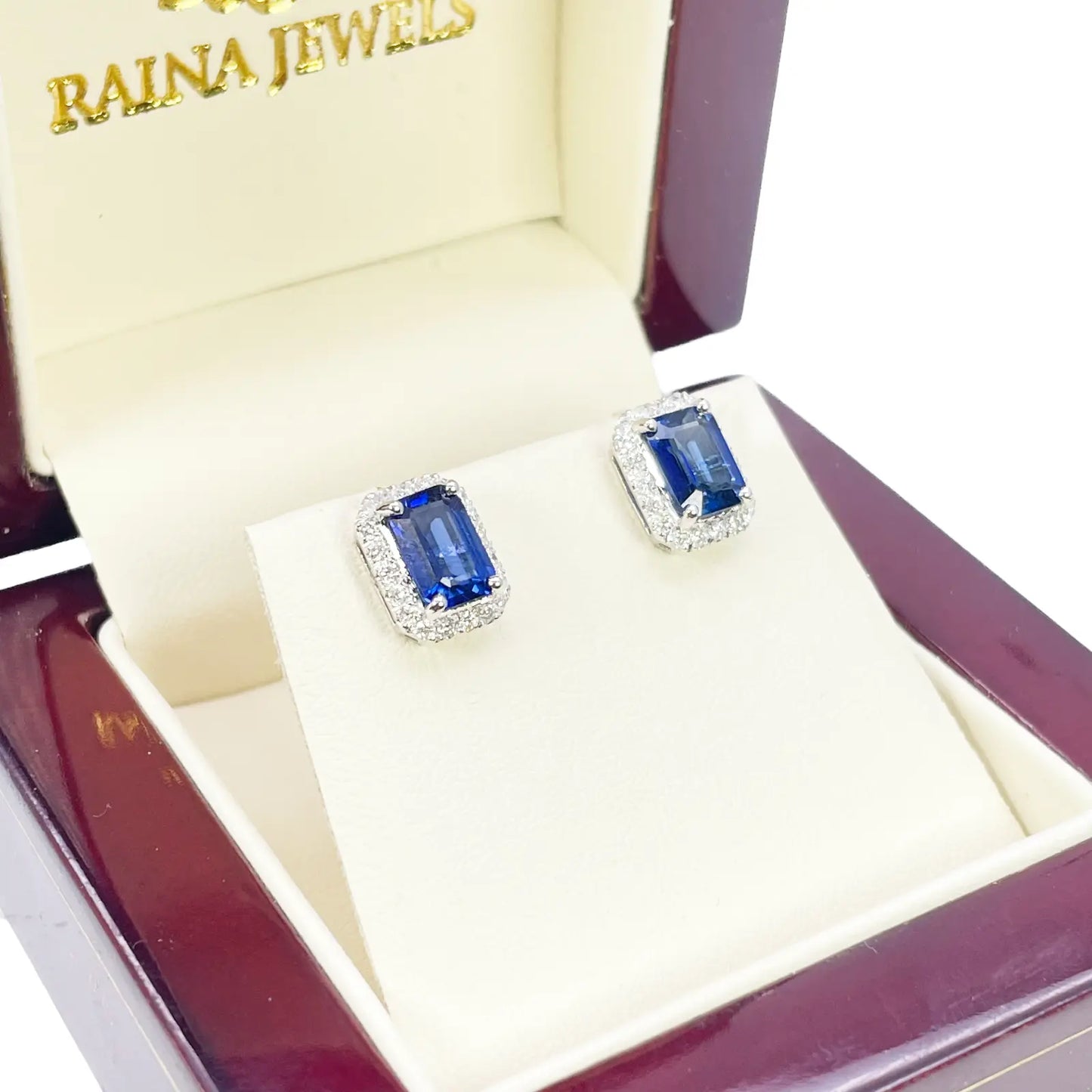 14ct White Gold Natural Emerald Cut Sapphire Round Diamond Stud Earrings 2.40ct 