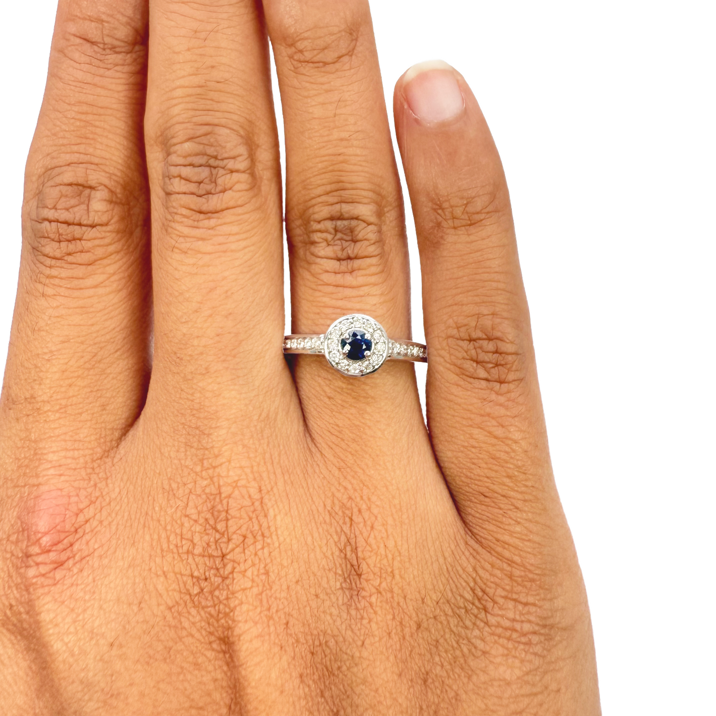 18 Karat Naturblauer Saphir & Runder Diamant Halo Halb-Ewigkeitsring 0,35 Karat