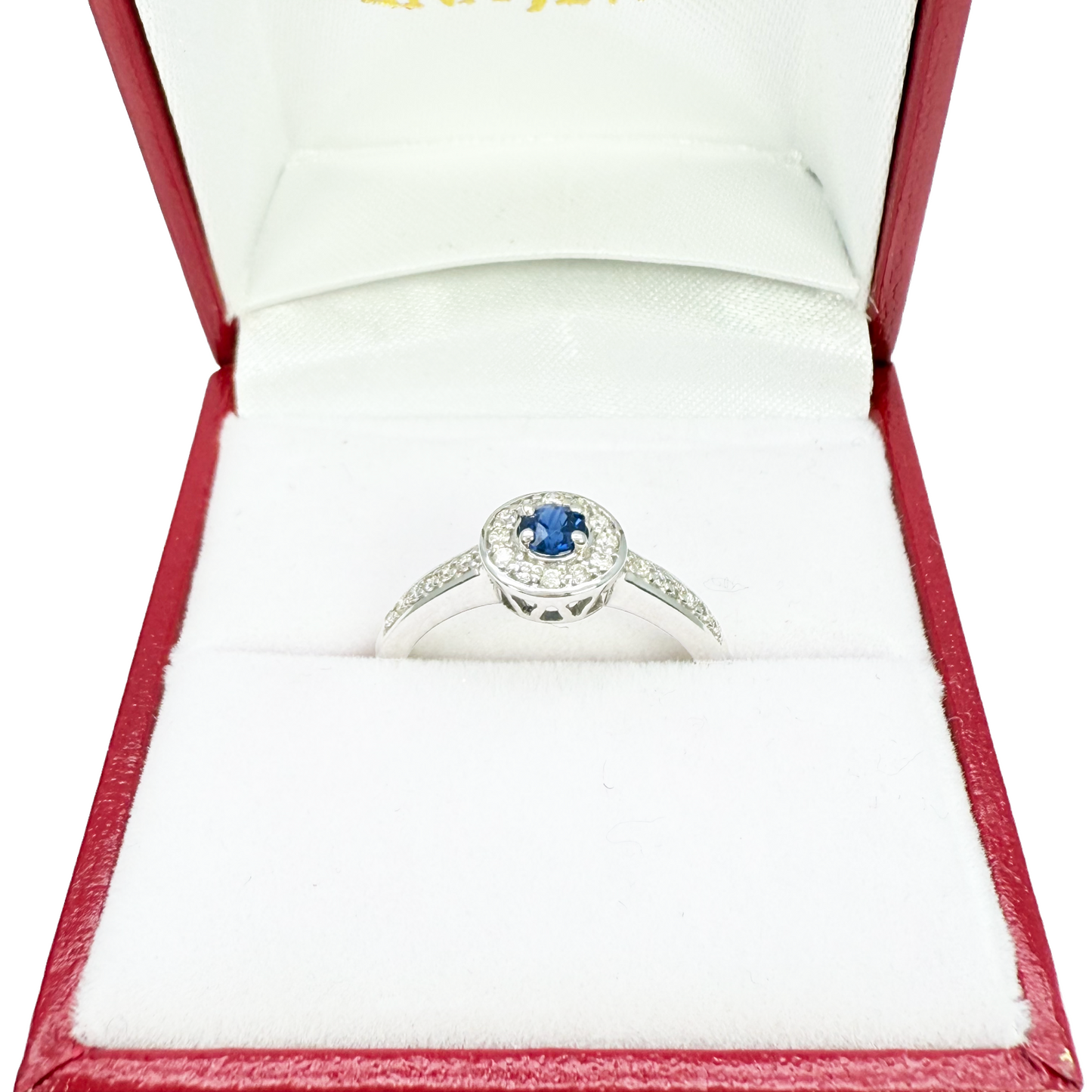 18 Karat Naturblauer Saphir & Runder Diamant Halo Halb-Ewigkeitsring 0,35 Karat