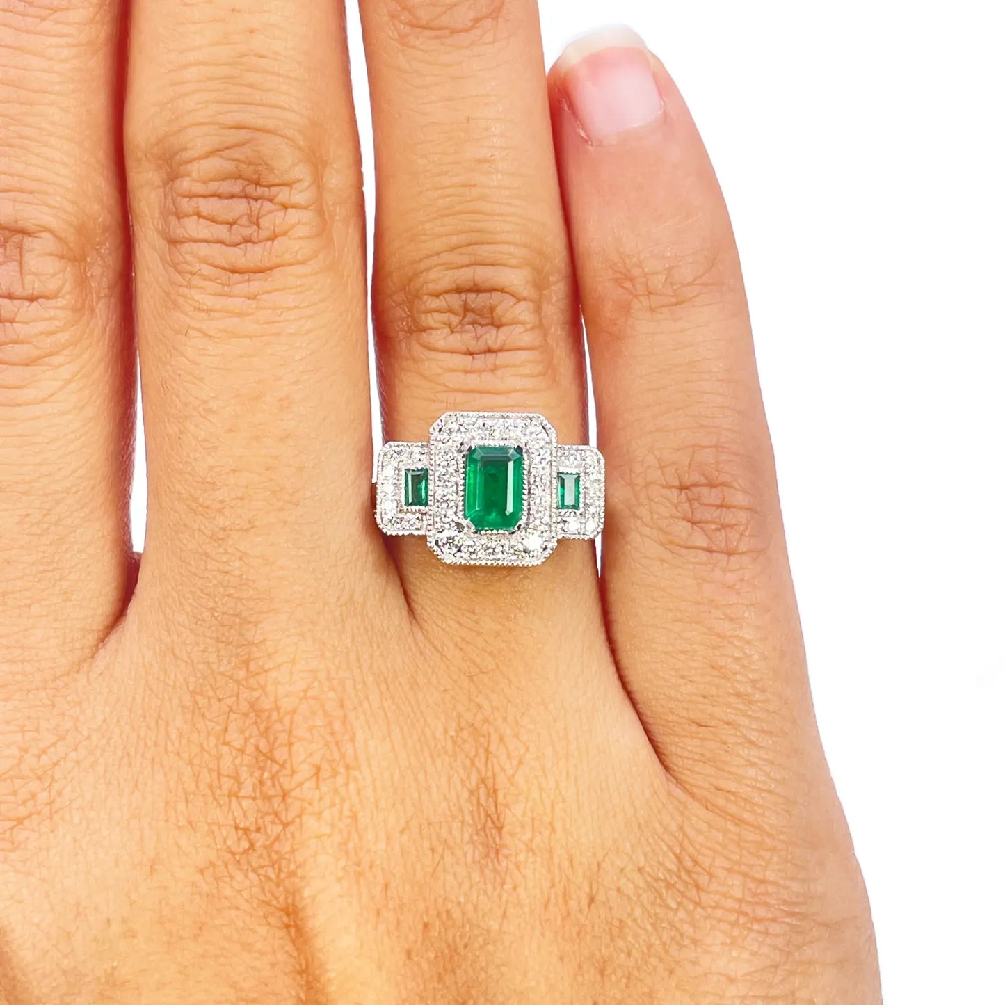 18ct Gold Natural Emerald Diamond Halo Ring Round & Emerald Cut 0.95ct  Diamond Ring