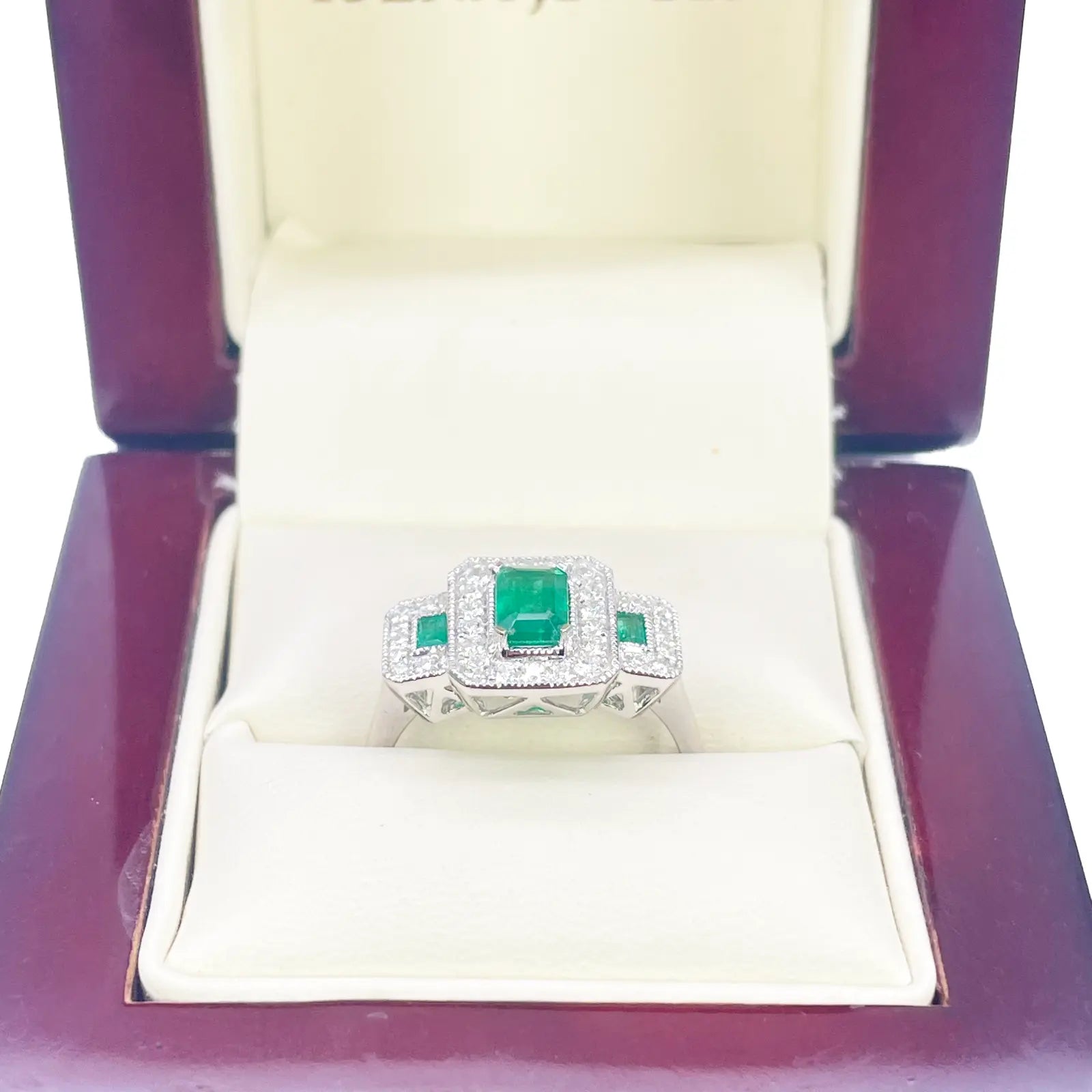 18ct Gold Natural Emerald Diamond Halo Ring Round & Emerald Cut 0.95ct  Diamond Ring