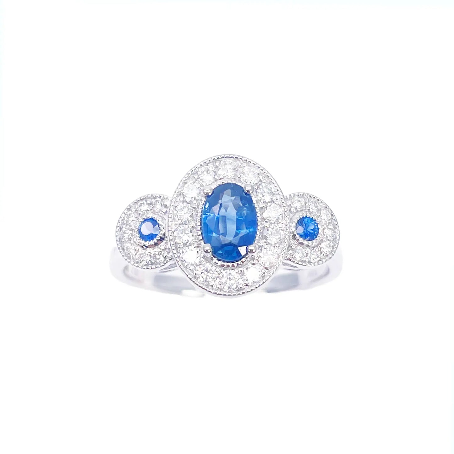 18ct Gold Natural Sapphire Diamond Halo Ring Round & Oval Cut 0.95ct  Diamond Ring