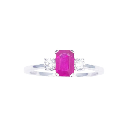 18ct Gold Ruby Diamond Ring Natural Round & Emerald Cut Three-Stone 0.75ct  Diamond Ring