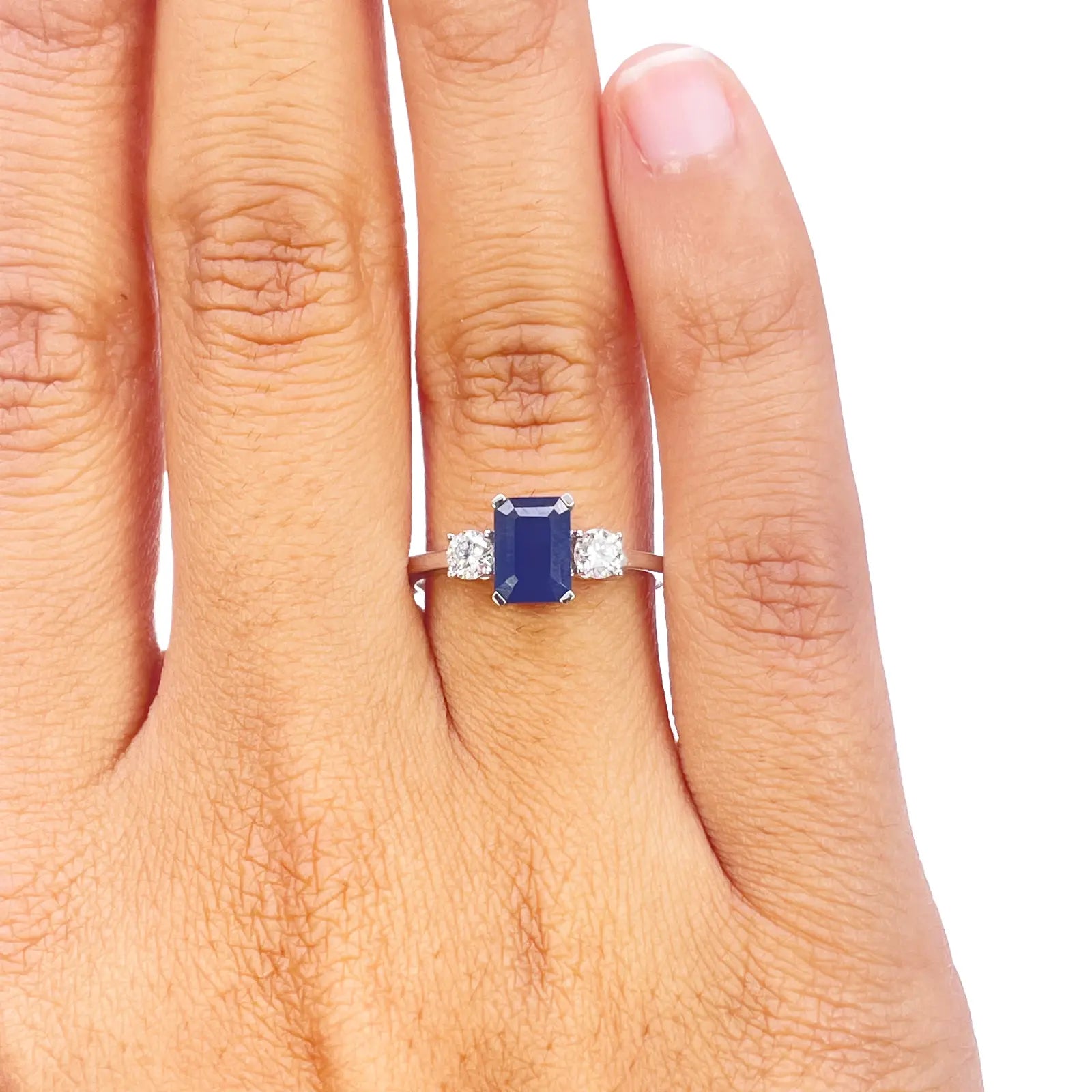 18ct Gold Sapphire Diamond Ring Natural Round & Emerald Cut Three-Stone 1.47ct  Diamond Ring