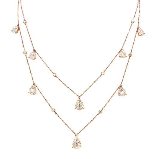 18ct Rose Gold Layered Necklace With Bezel & Claw Set Natural Round Diamonds 2.74ct 