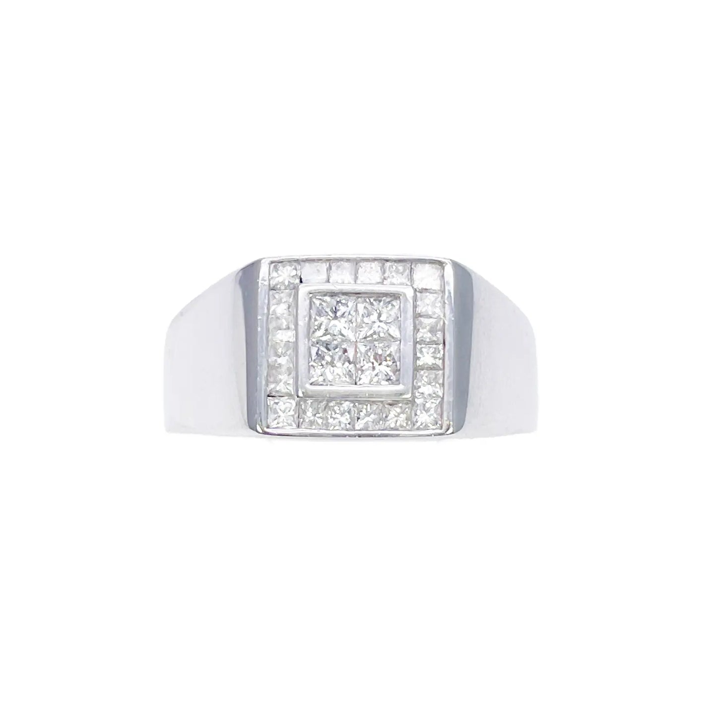18ct White Gold 1.00ct Natural Diamond Princess Cut Invisible Gents Signet Ring  Diamond Ring