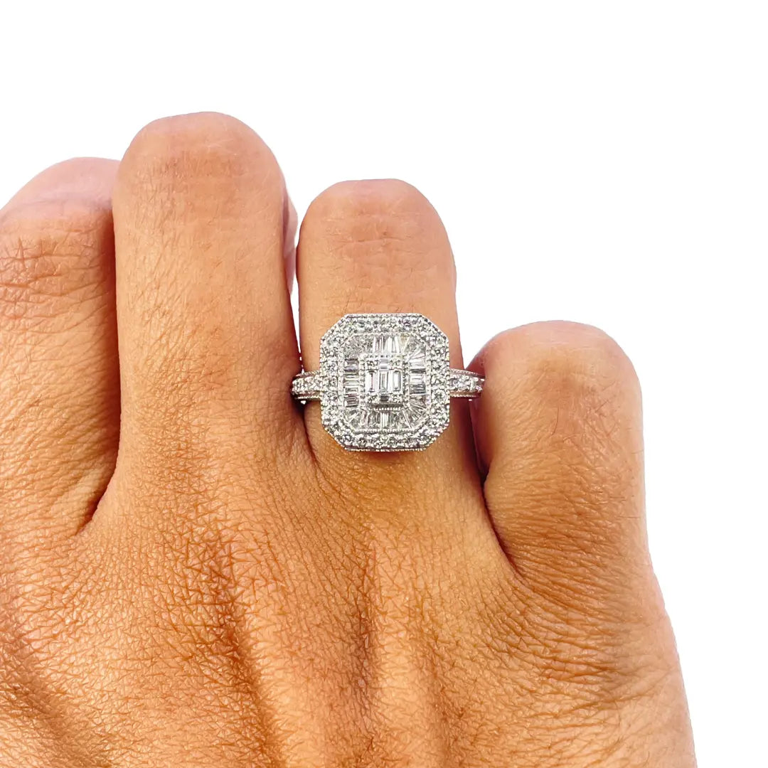 18ct White Gold Diamond Round-Baguette Cluster Ring 0.75ct  Diamond Ring