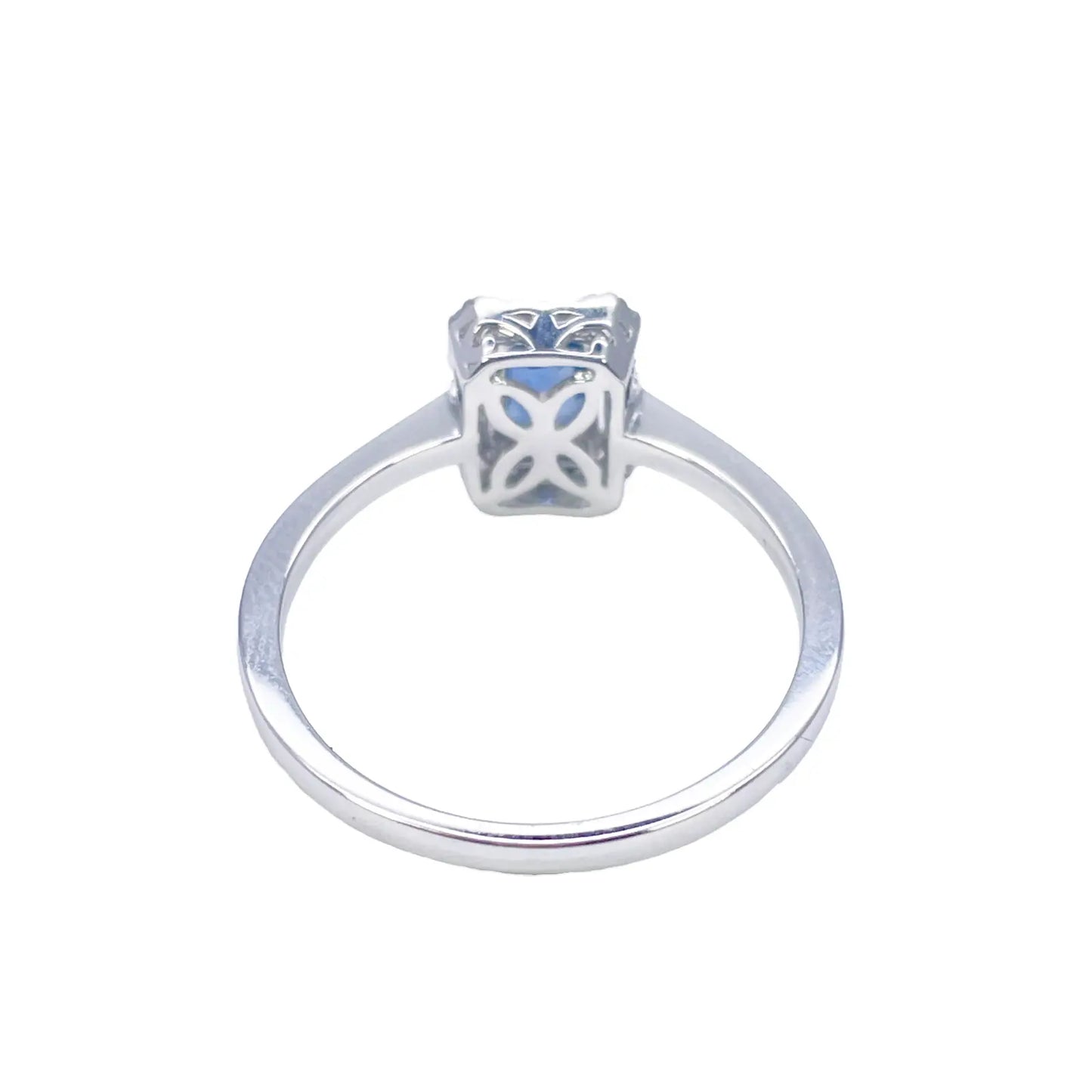 18ct White Gold Emerald Cut Blue Sapphire & Diamond Halo Ring 0.79ct  Diamond Ring