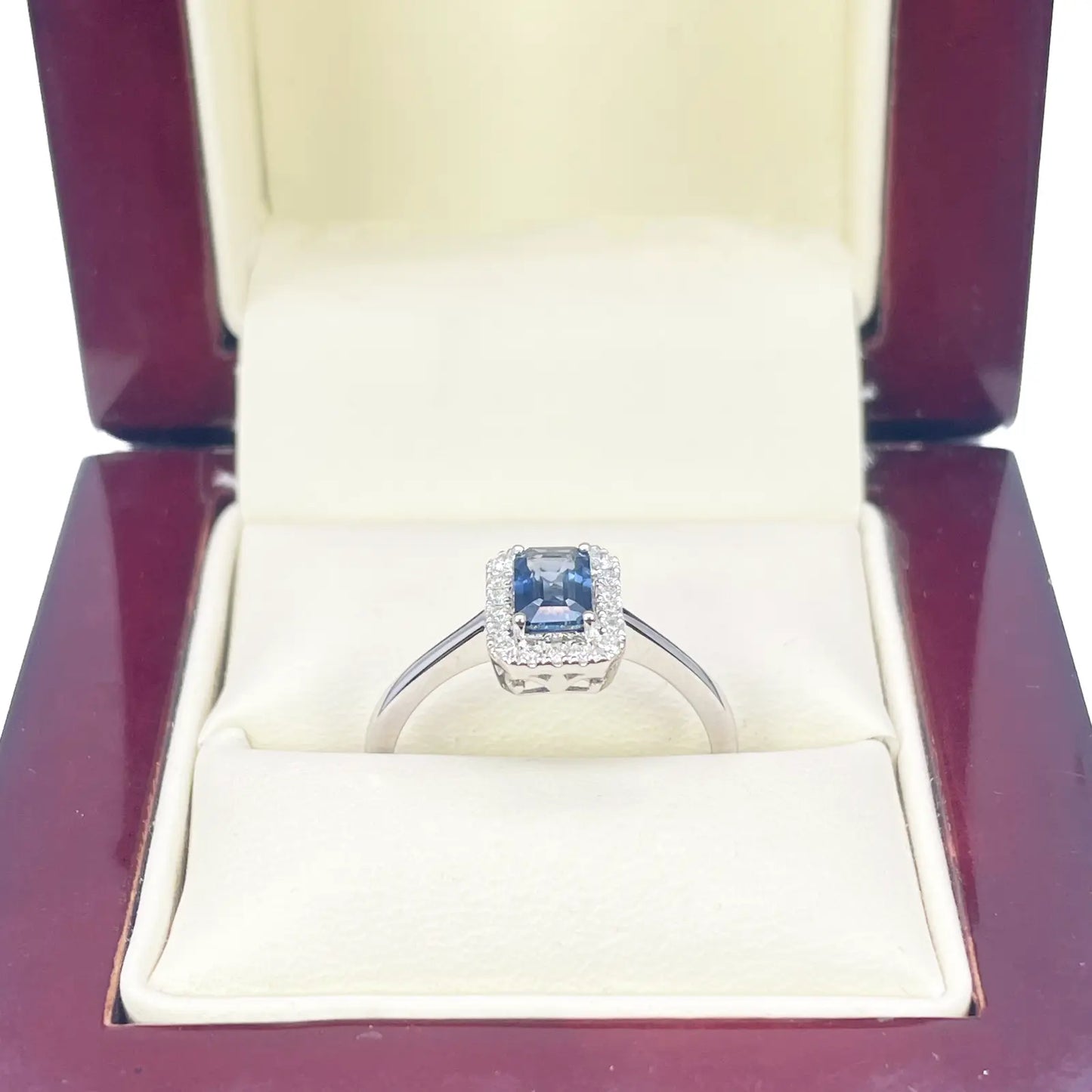 18ct White Gold Emerald Cut Blue Sapphire & Diamond Halo Ring 0.79ct  Diamond Ring