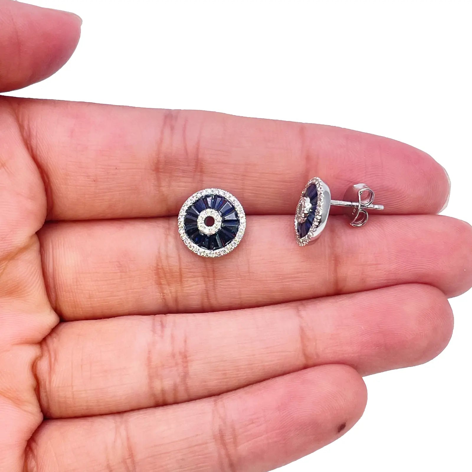 18ct White Gold Natural Blue Sapphire & Diamond Round Stud Earrings 1.78ct 