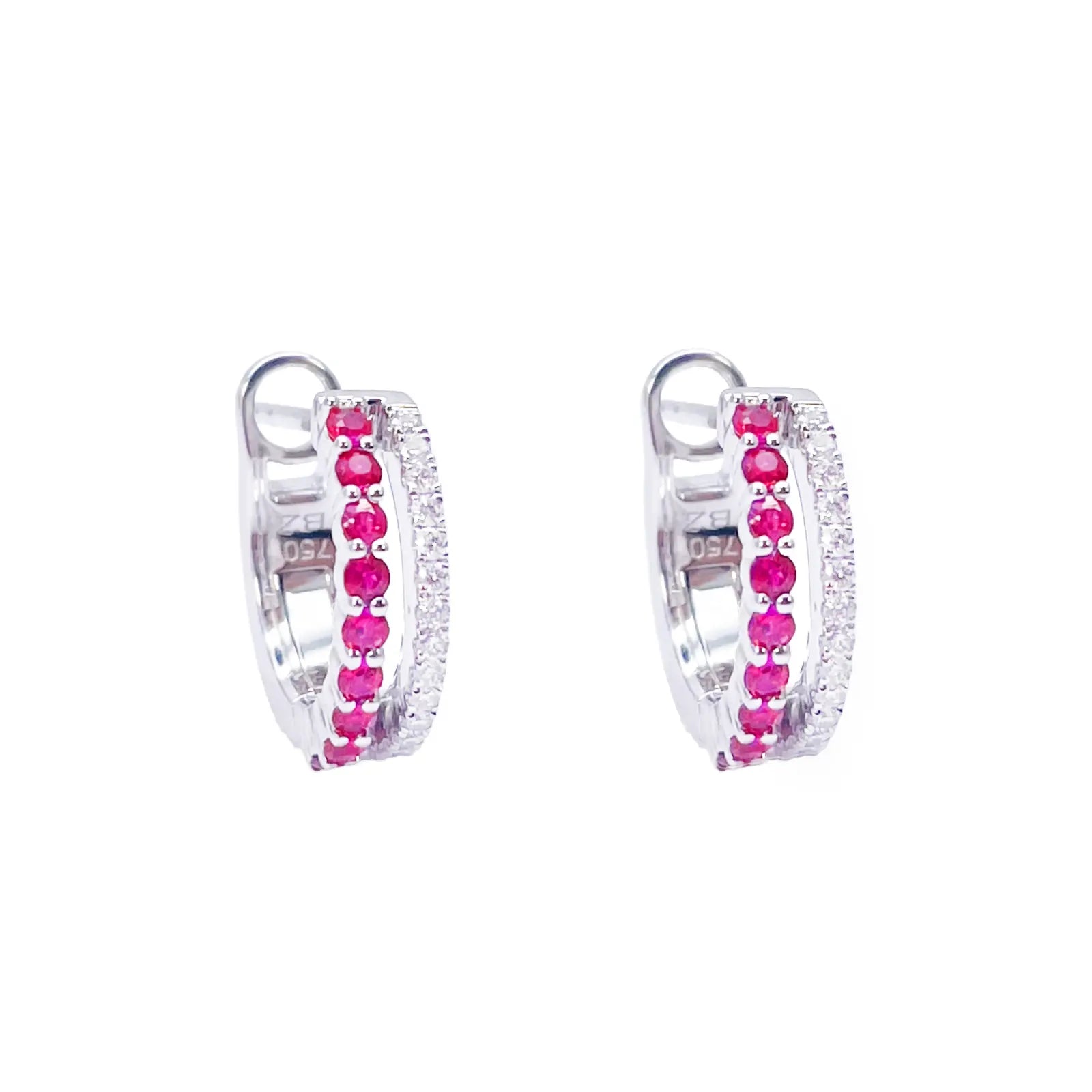18ct White Gold Natural Diamond & Ruby 0.36ct Hoop Huggies Earrings 9mm Diameter 
