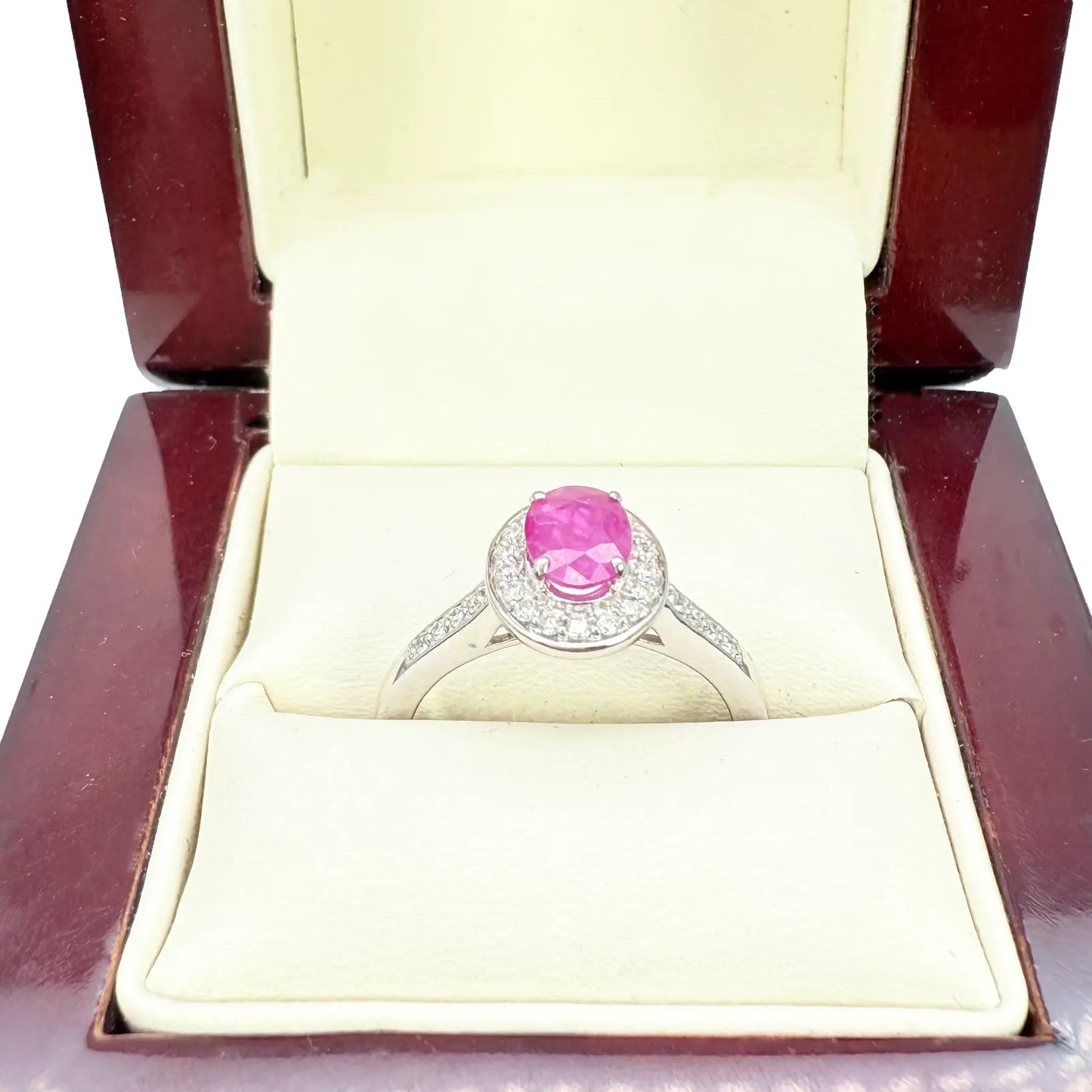 18ct White Gold Natural Oval Ruby & Round Diamond Halo Ring 1.00ct  Diamond Ring