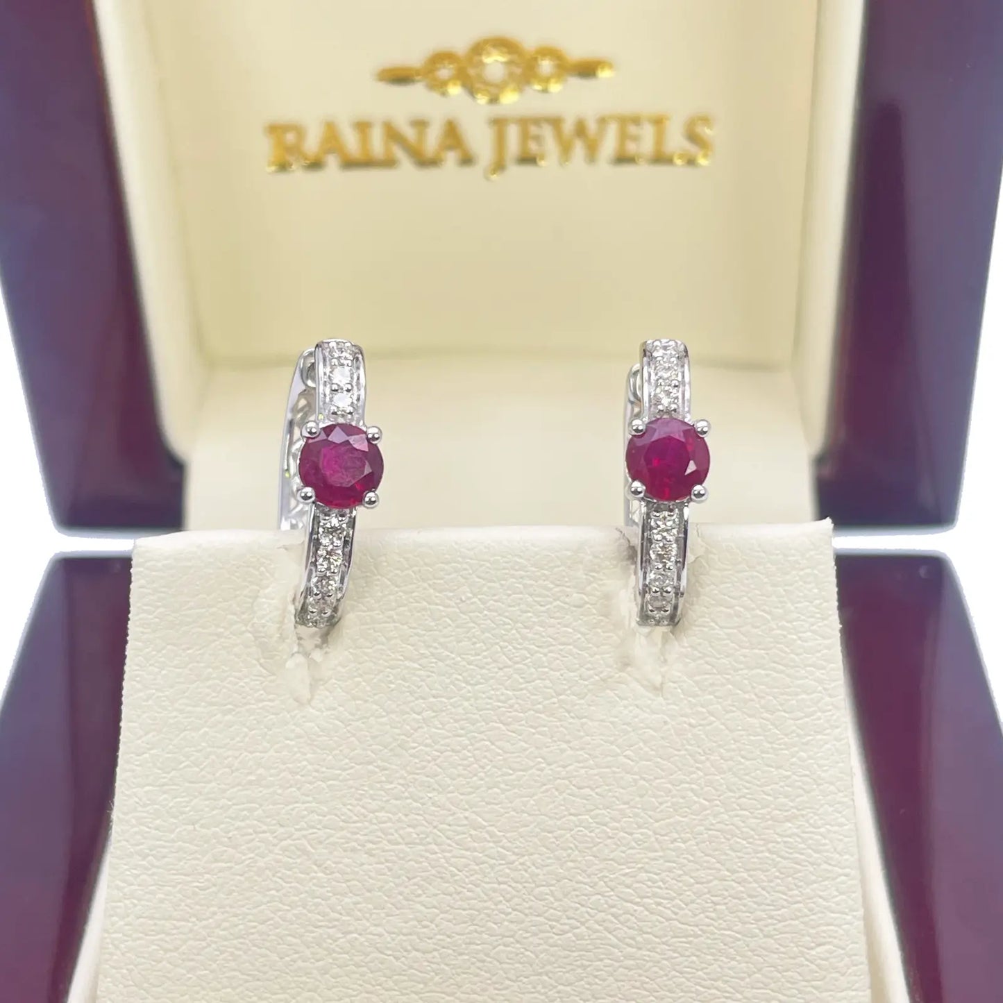 18ct White Gold Natural Ruby Prong & Diamond Huggie Hoop Earrings 0.92ct 