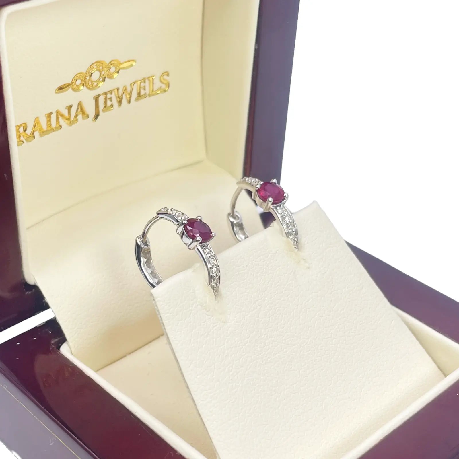 18ct White Gold Natural Ruby Prong & Diamond Huggie Hoop Earrings 0.92ct 