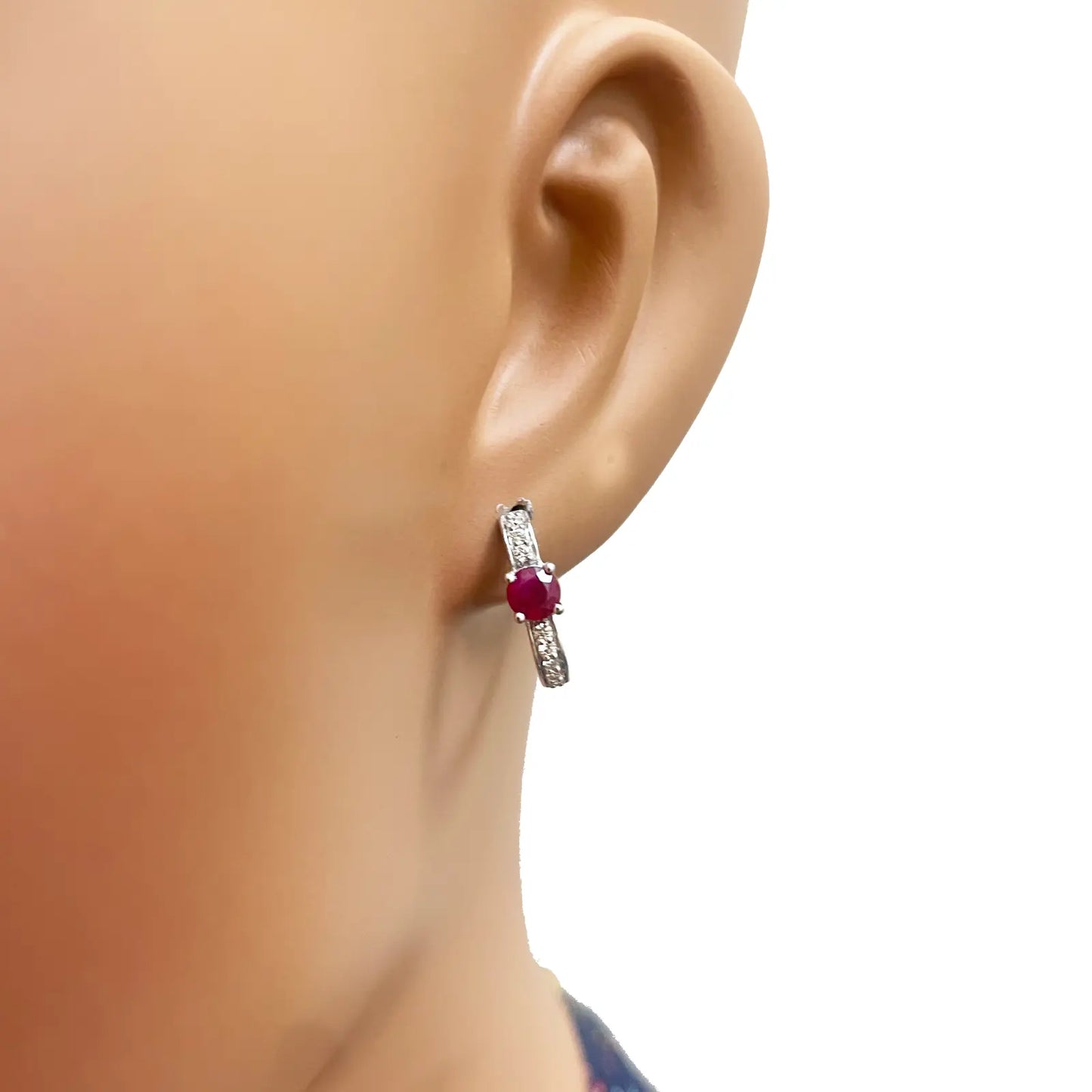 18ct White Gold Natural Ruby Prong & Diamond Huggie Hoop Earrings 0.92ct 