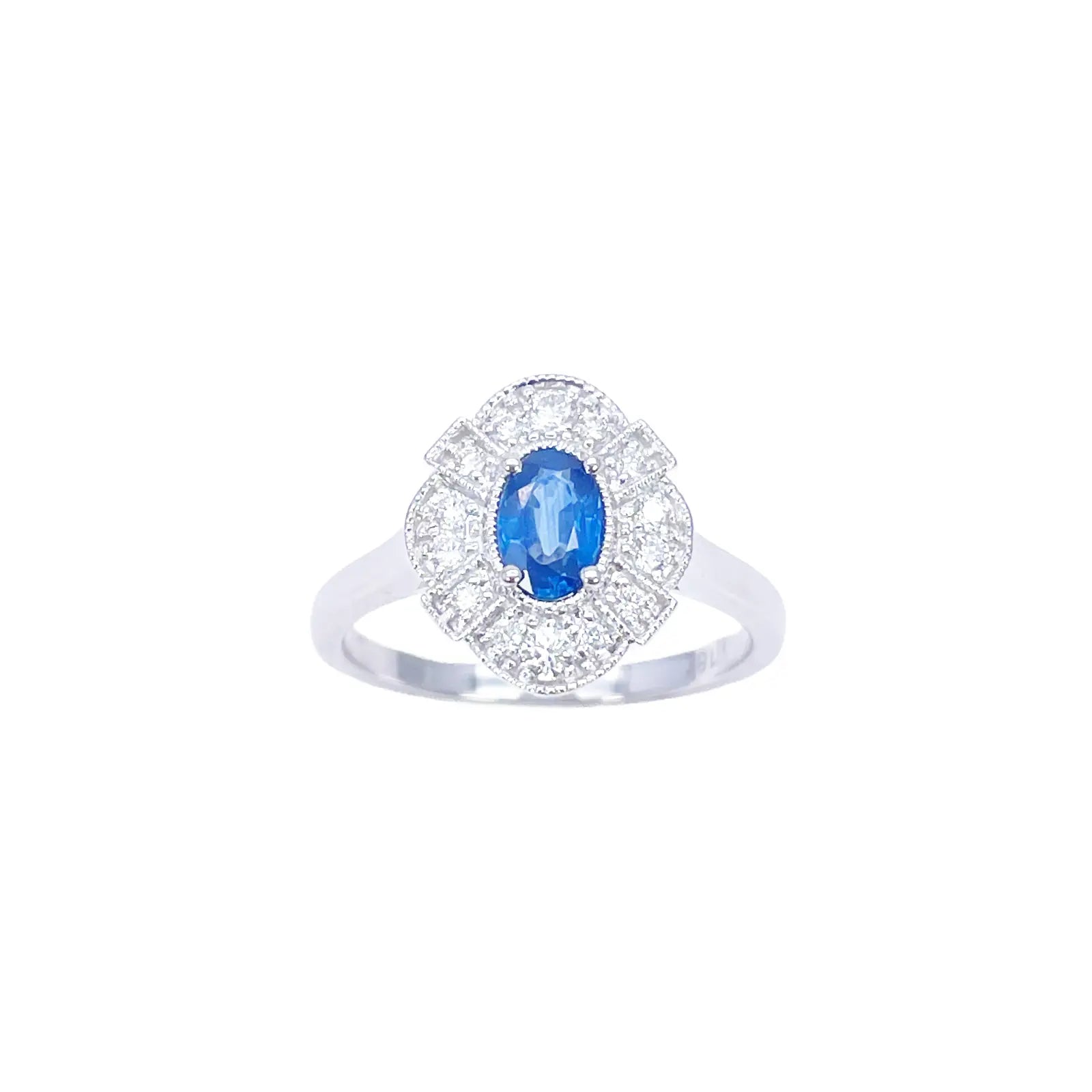 18ct White Gold Oval Blue Sapphire & Diamond Cluster Milgrain Ring 0.65ct  Diamond Ring