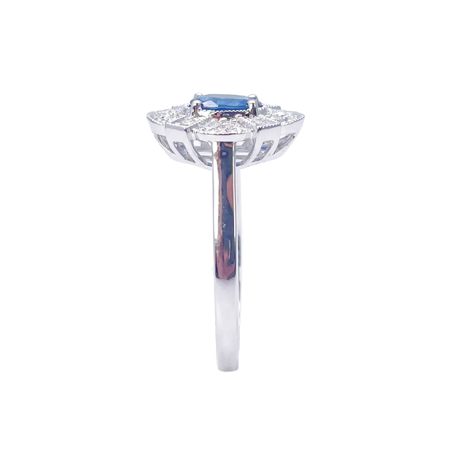 18ct White Gold Oval Blue Sapphire & Diamond Cluster Milgrain Ring 0.65ct  Diamond Ring