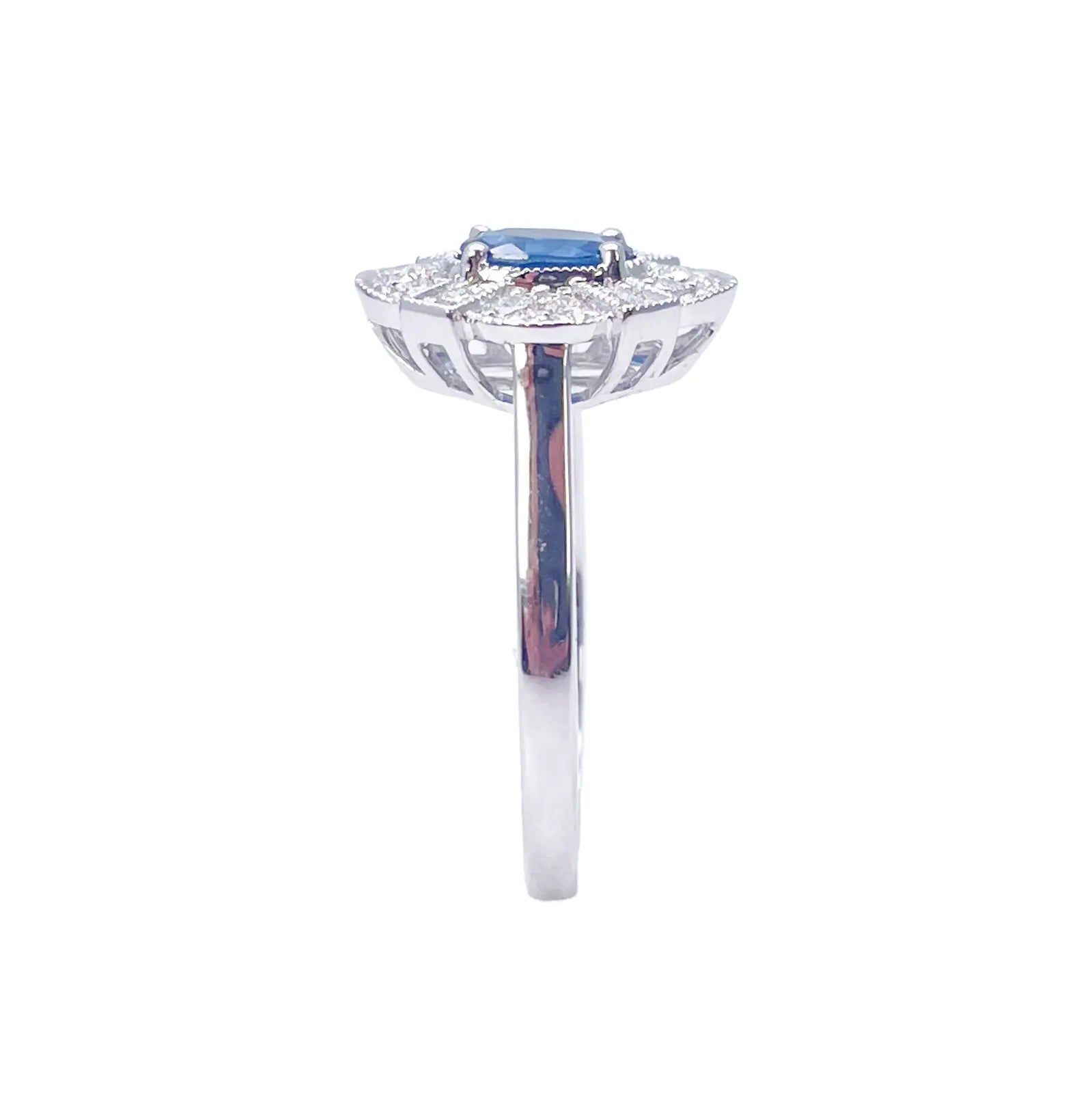 18ct White Gold Oval Blue Sapphire & Diamond Cluster Milgrain Ring 0.65ct  Diamond Ring