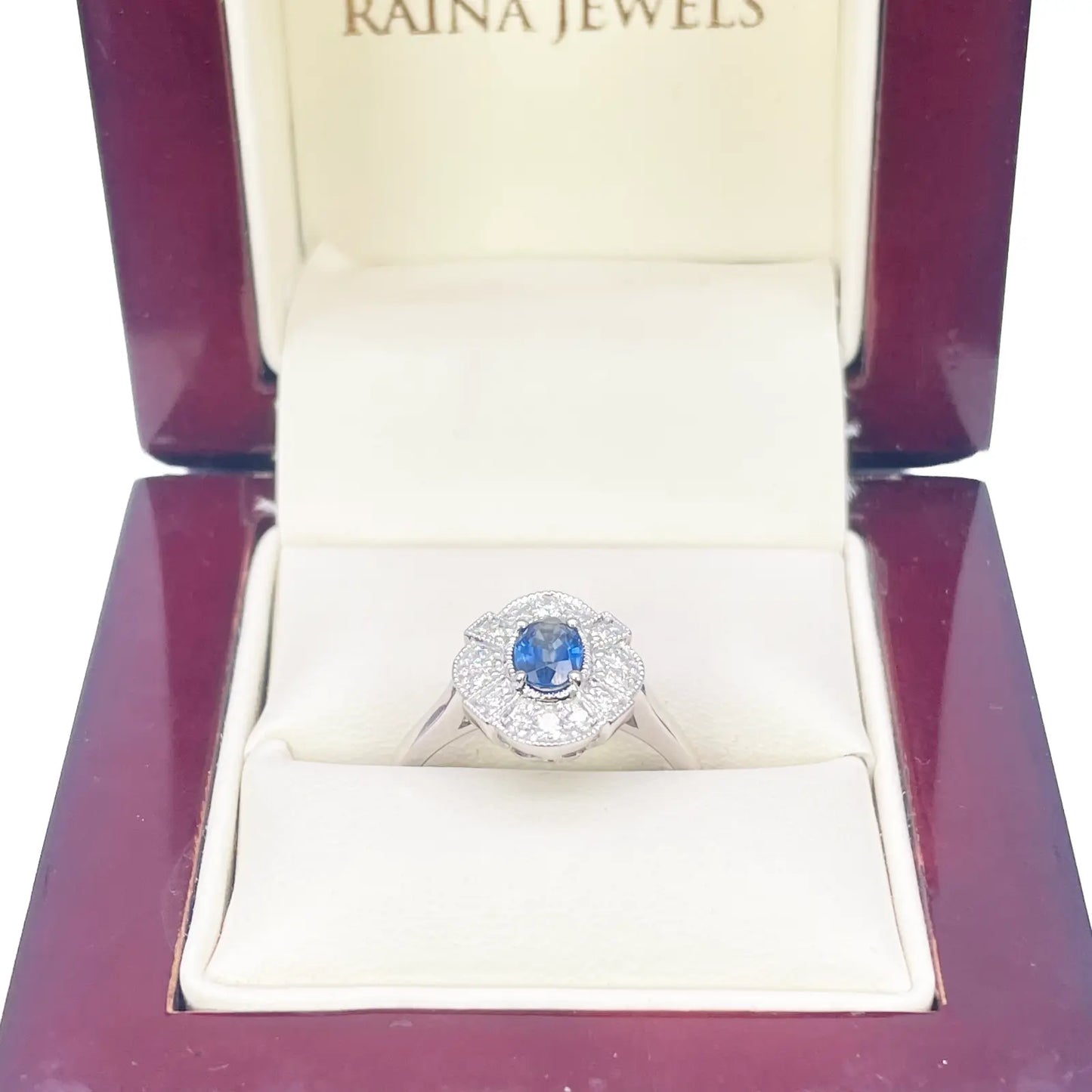 18ct White Gold Oval Blue Sapphire & Diamond Cluster Milgrain Ring 0.65ct  Diamond Ring