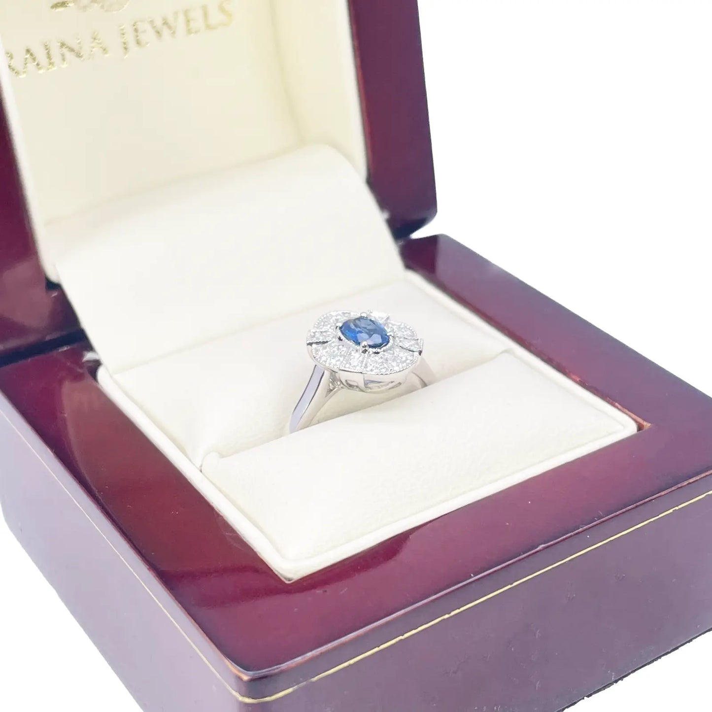 18ct White Gold Oval Blue Sapphire & Diamond Cluster Milgrain Ring 0.65ct  Diamond Ring