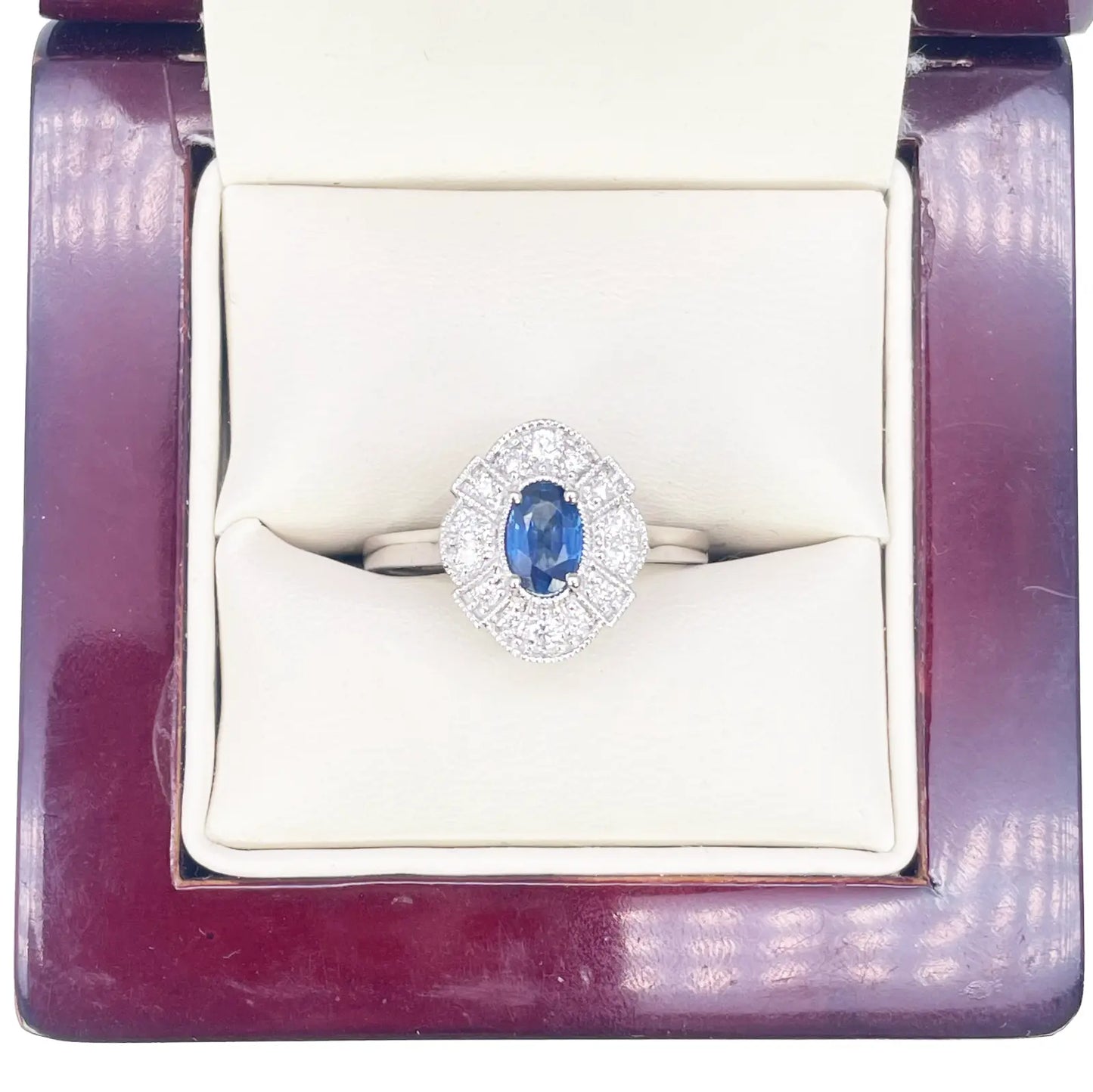 18ct White Gold Oval Blue Sapphire & Diamond Cluster Milgrain Ring 0.65ct  Diamond Ring