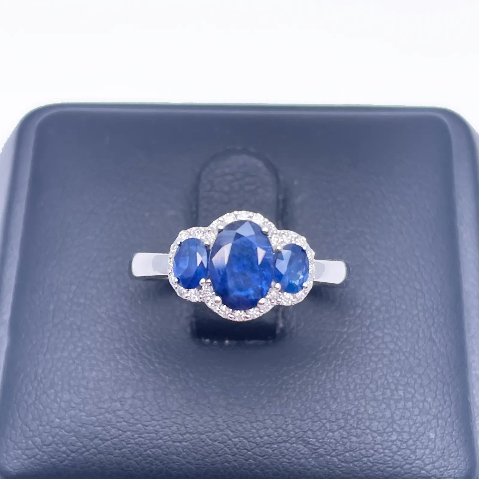18ct White Gold Three-Stone Blue Sapphire & Diamond Cluster Oval Ring 1.76ct  Diamond Ring