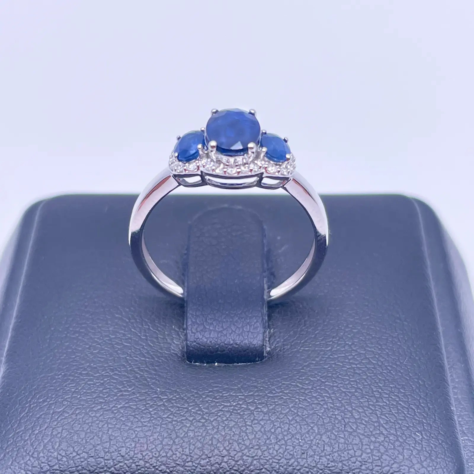 18ct White Gold Three-Stone Blue Sapphire & Diamond Cluster Oval Ring 1.76ct  Diamond Ring