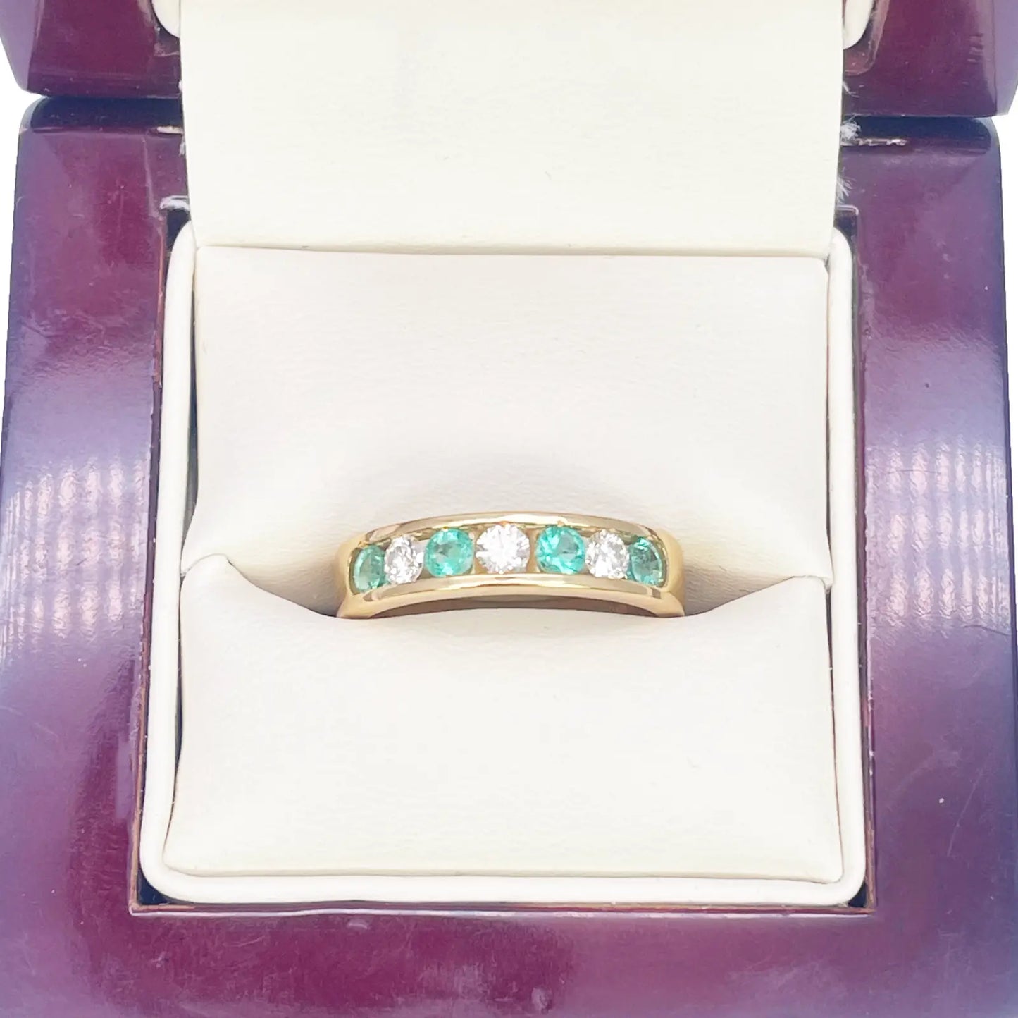 18ct Yellow Gold Diamond & Emerald 7 Stone Half Eternity Channel Set Ring 0.70ct 
