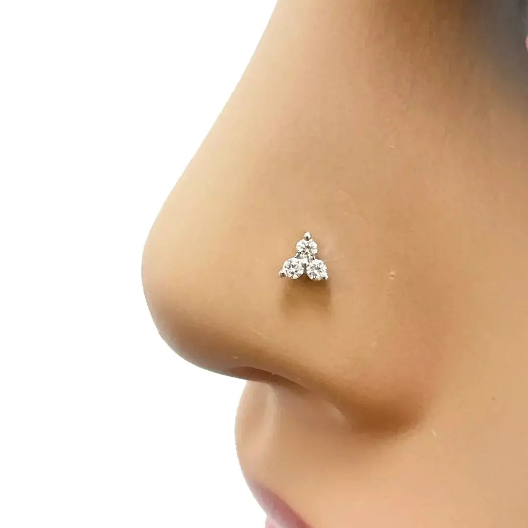 18 Karat Gelbgold Natur Rundschliff Diamant Drei-Stein Nasenpiercing 0,05 Karat