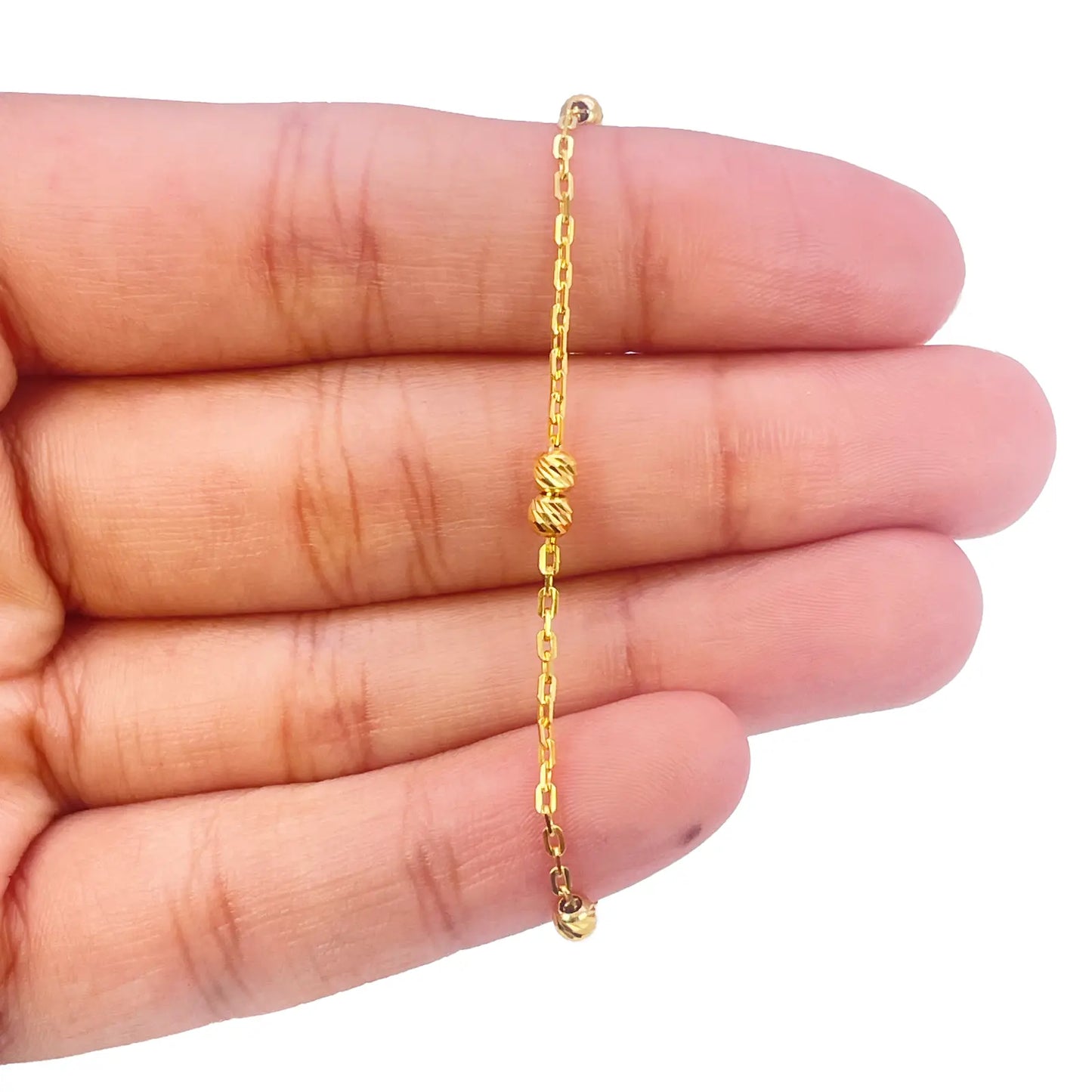 22ct Gold Baby Bracelet Four Diamond Cut Beads & Cable link Chain 5 Inches 