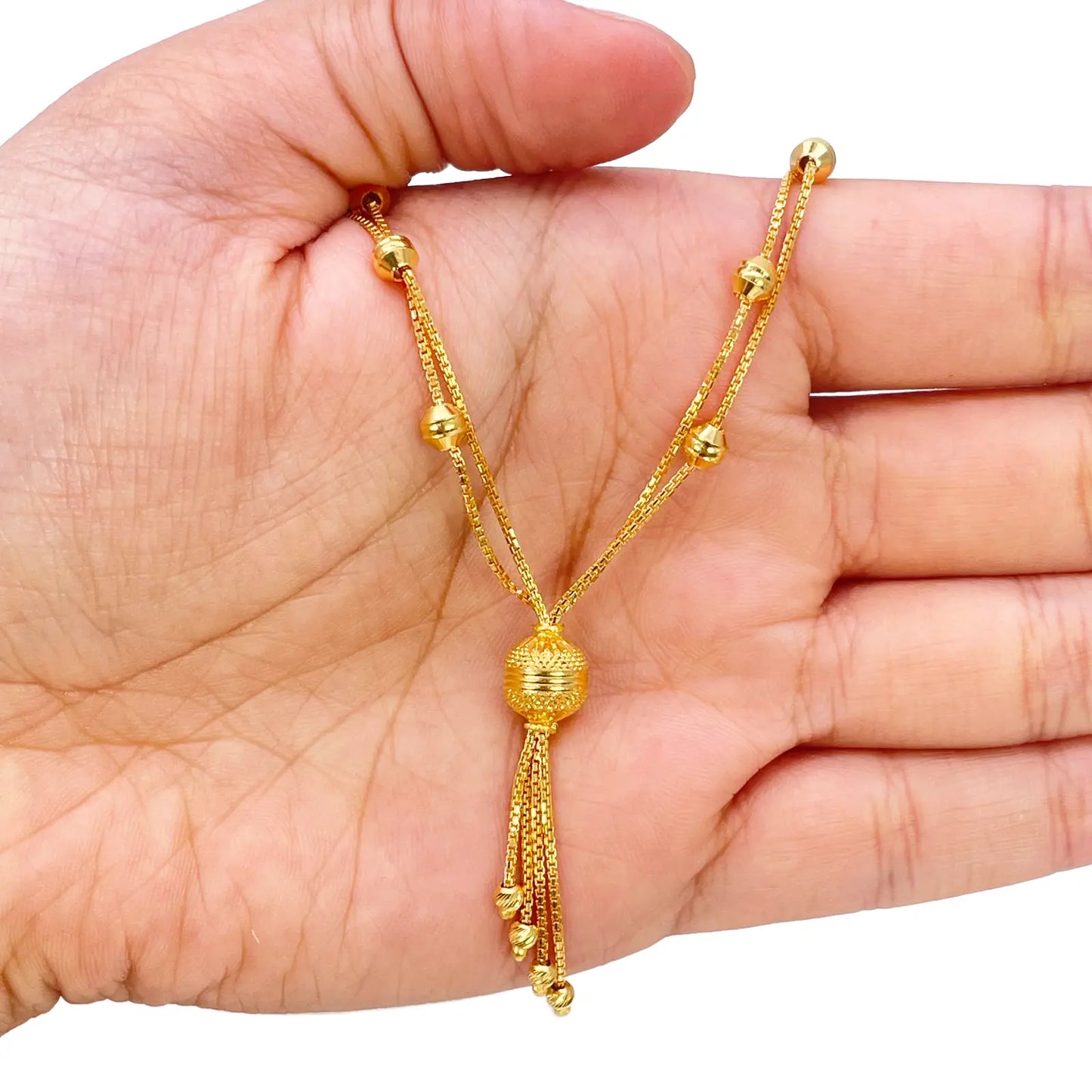 22ct Gold Beaded Tassel Layered Necklace & Earring Sparkly Diamond Cut Beads¬†