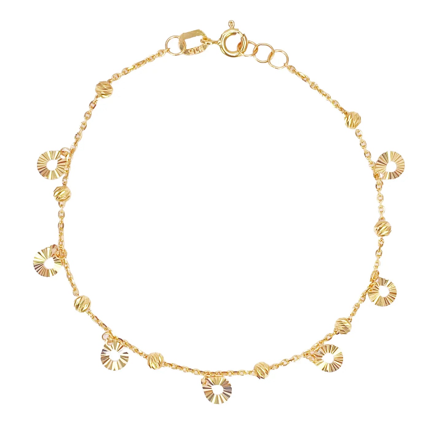 22ct Gold Circle Charm Drop & Diamond Cut Bead Cable Chain Bracelet 7 Inches  Gold Bracelets