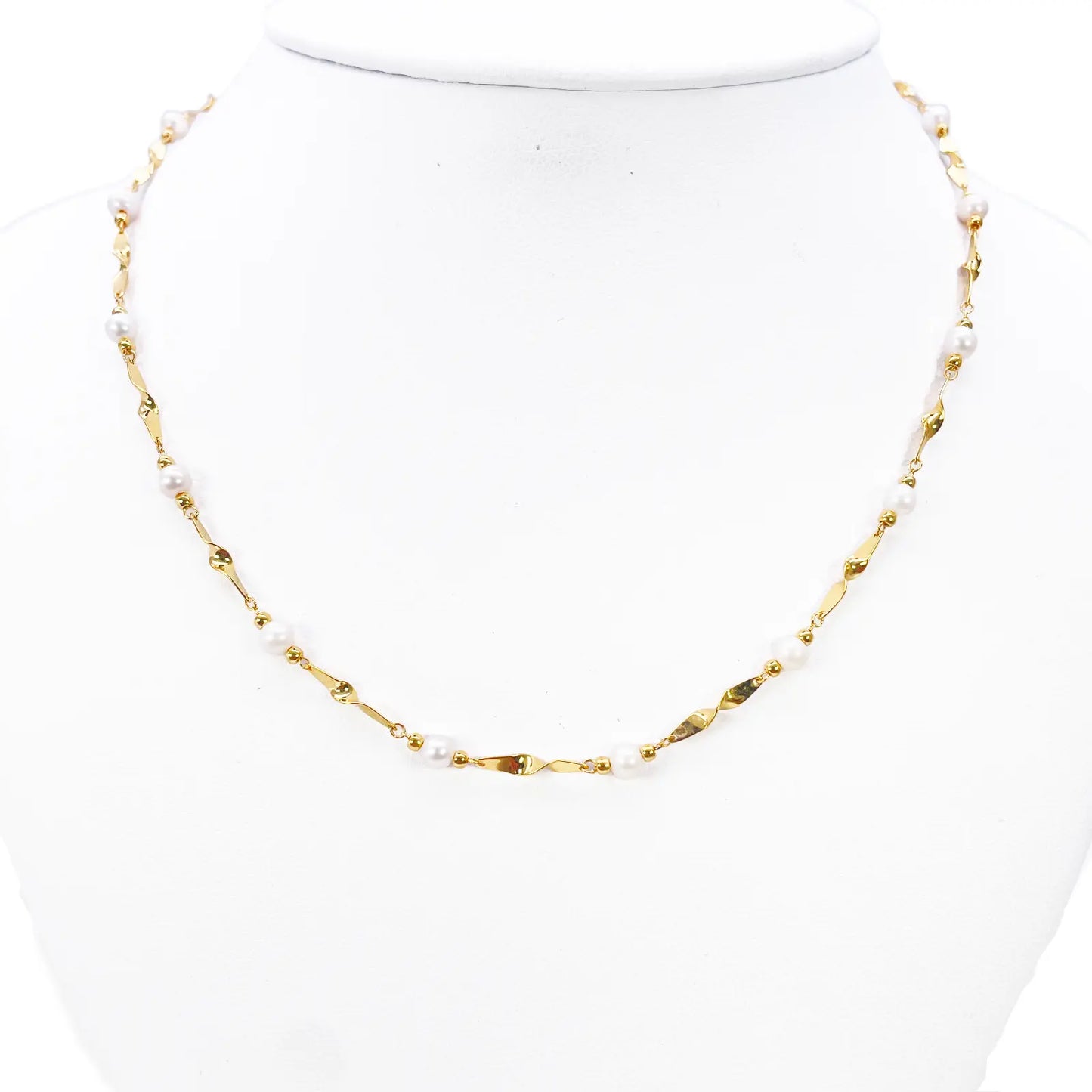 22ct Gold Pearl Necklace High Polished Twisted Link Freshwater Pearl Chain 16 inches 