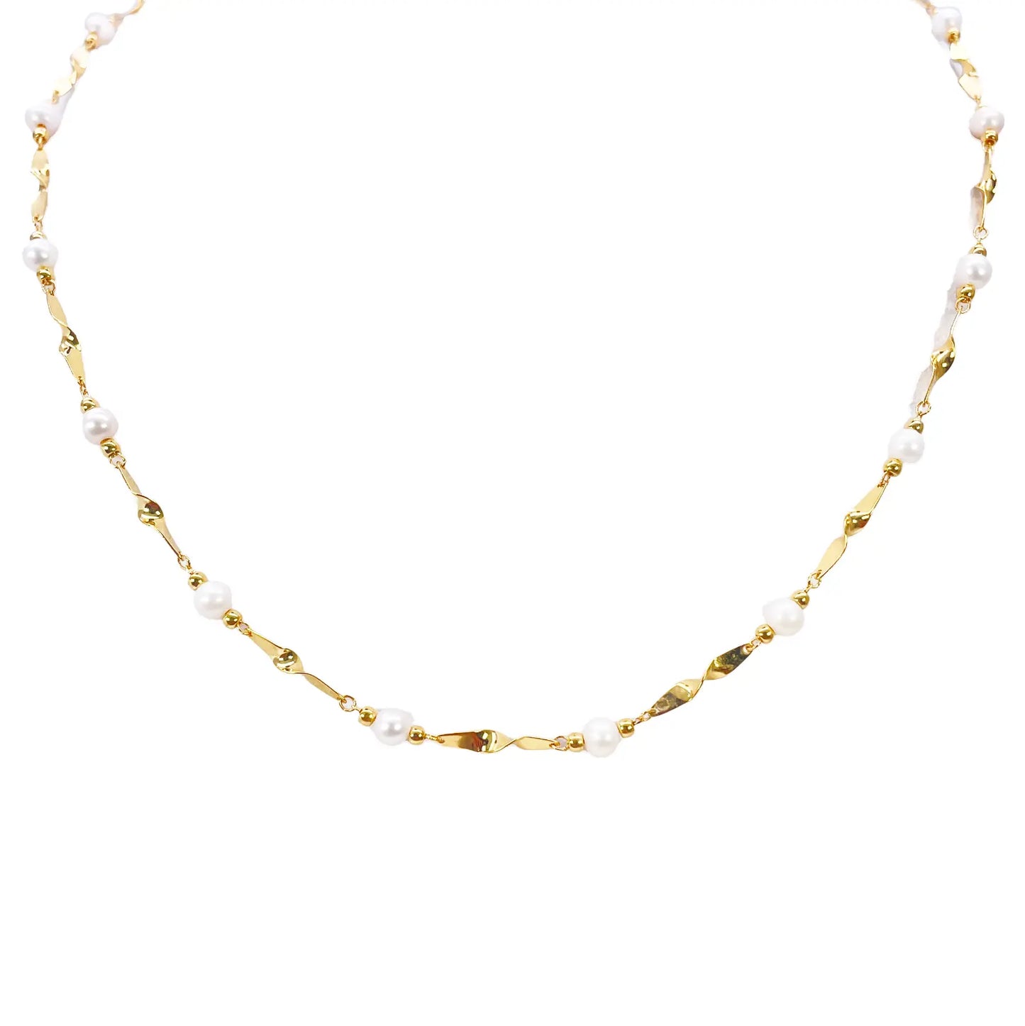 22ct Gold Pearl Necklace High Polished Twisted Link Freshwater Pearl Chain 16 inches 
