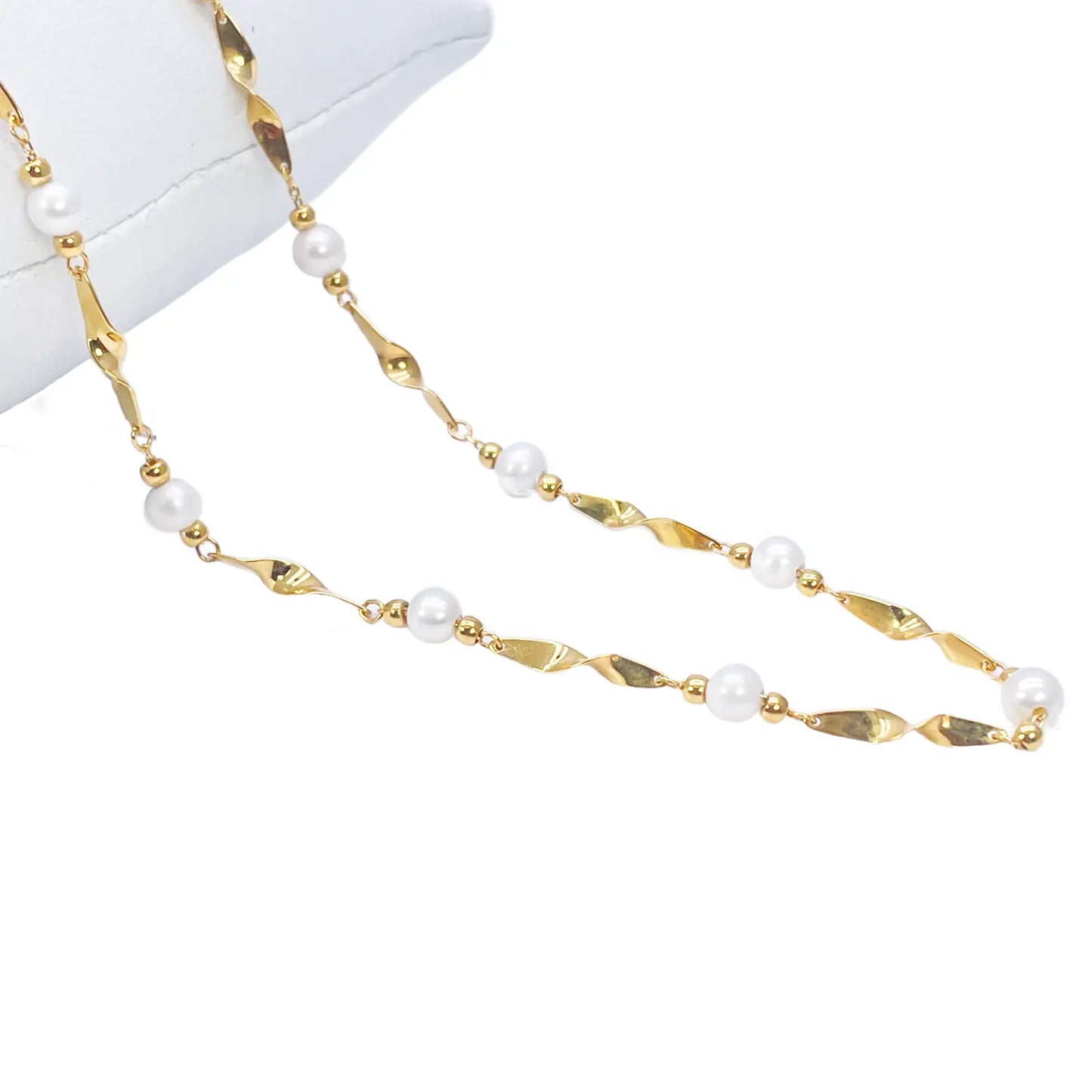 22ct Gold Pearl Necklace High Polished Twisted Link Freshwater Pearl Chain 16 inches 