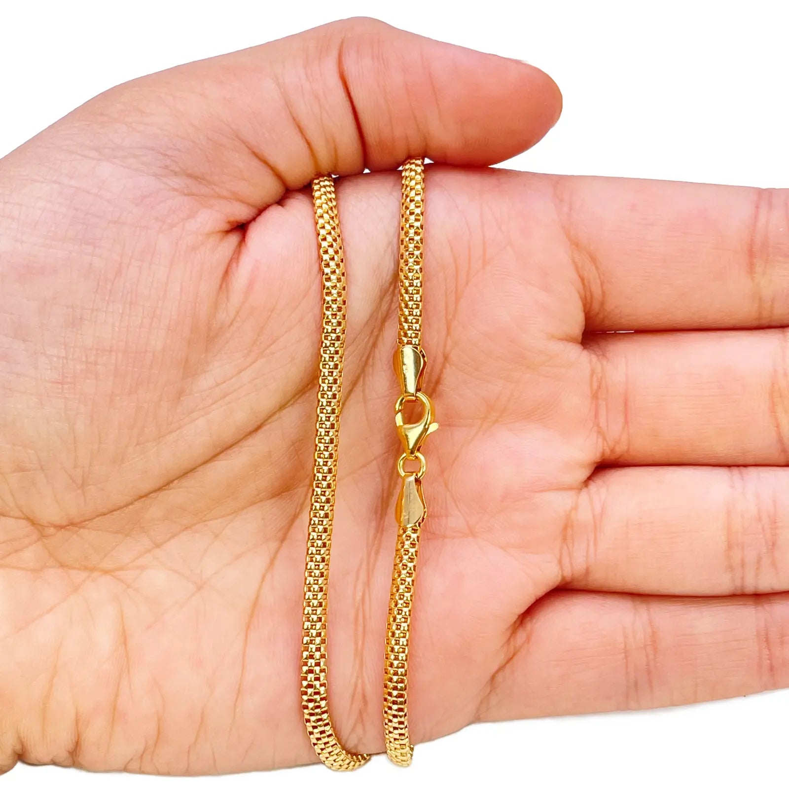 22ct Gold Square Mesh Chain High Polished Flat Necklace 18.5 Inches 3mm Width 